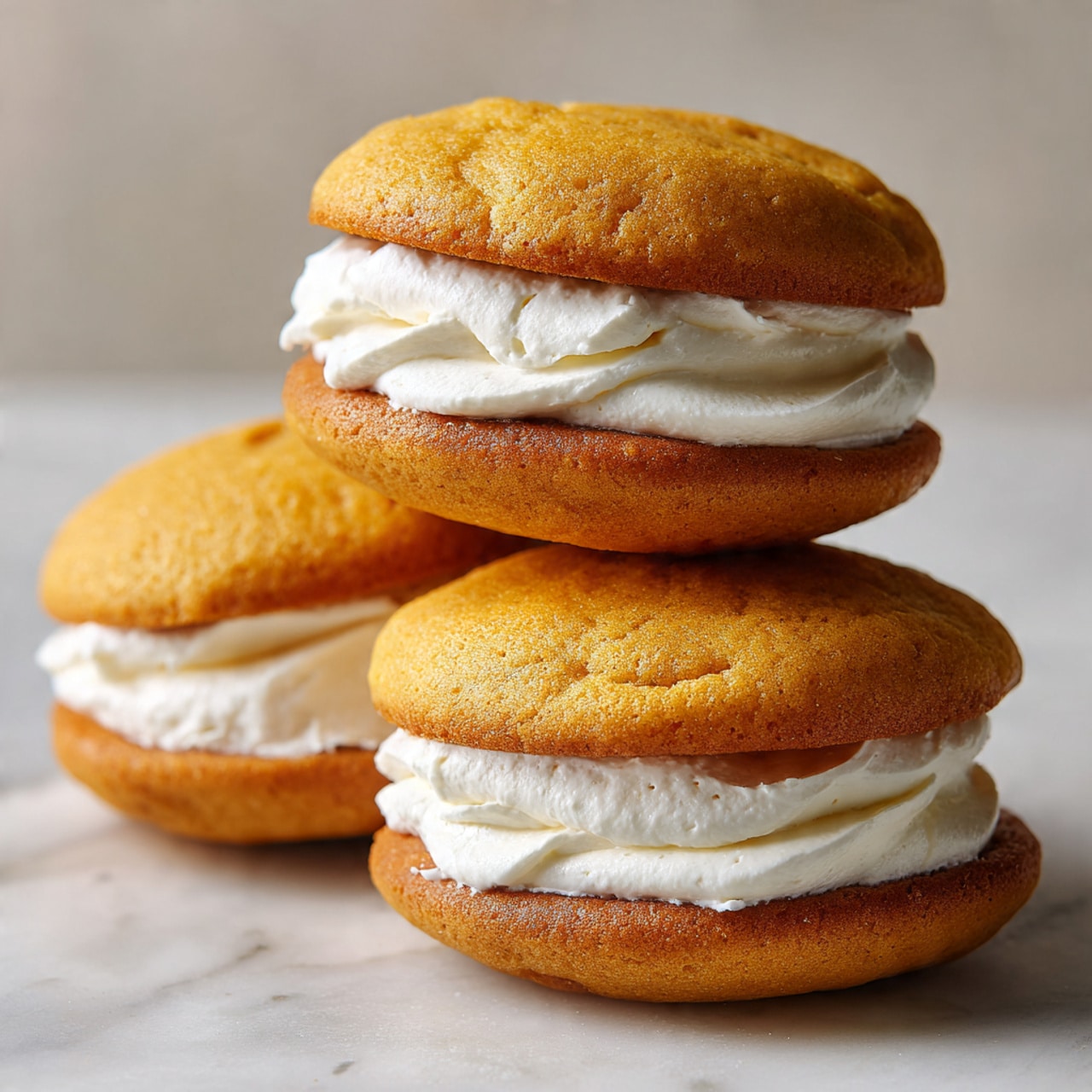 The image shows a close-up of a stack of three whoopie pies on a white marbled surface. Each whoopie pie has two soft, round, golden-brown cake layers with a slightly bumpy texture. Between the cake layers, there is a thick, smooth, creamy white filling that looks fluffy and slightly glossy. The whoopie pies are piled in a small, uneven stack, showing the soft edges of the cakes and the generous filling between them. photo taken with an iphone --ar 4:5 --v 7