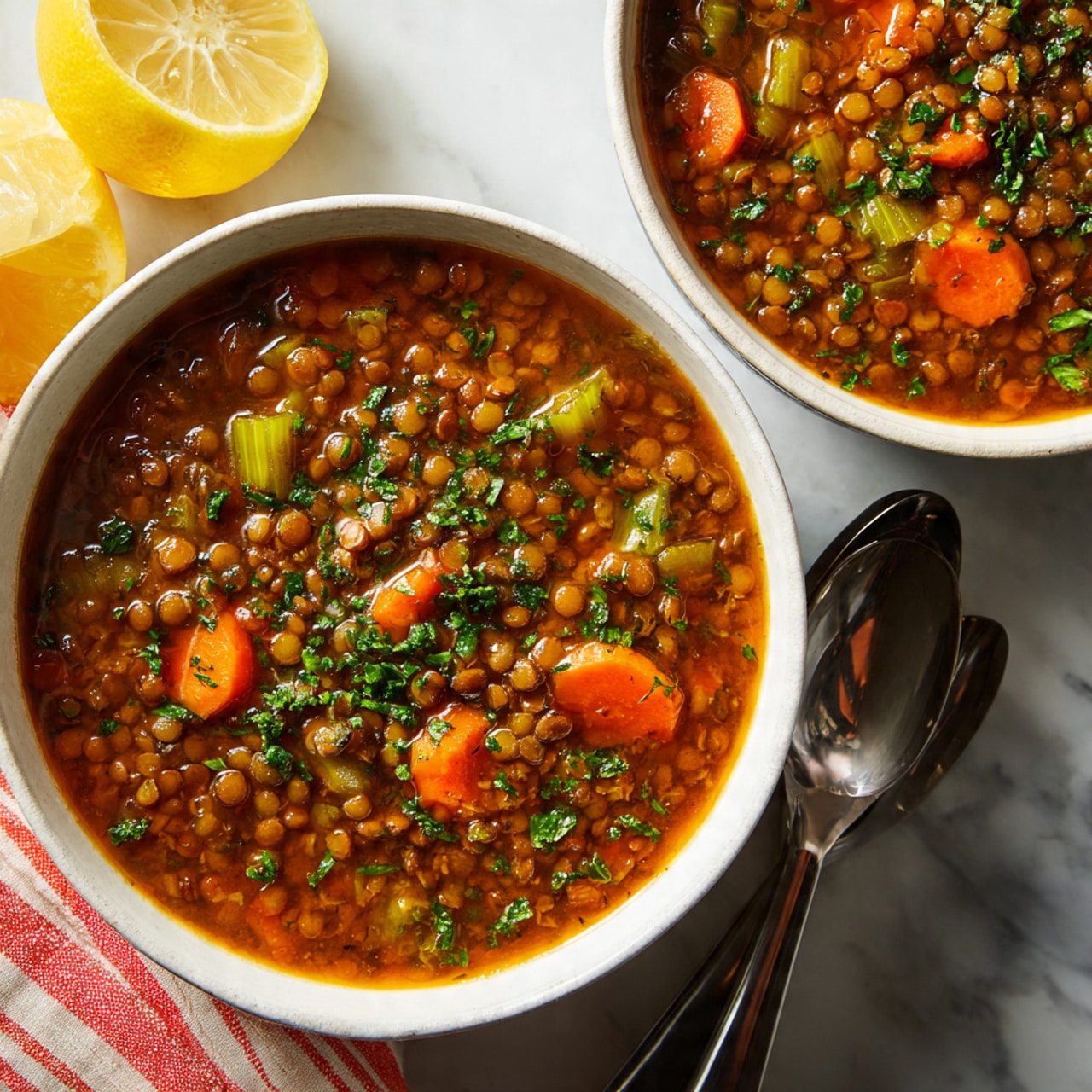A close-up view of two white bowls filled with brown lentil soup, showing three main layers: a thick, dark orange-brown broth base, lentils scattered throughout with a soft texture, and visible pieces of bright orange carrot and pale green celery. The soup is topped with small chopped green herbs that add a fresh touch. The bowls rest on a white marbled surface with a yellow lemon and orange carrots nearby, and a red and white striped towel also partially visible. Photo taken with an iphone --ar 4:5 --v 7