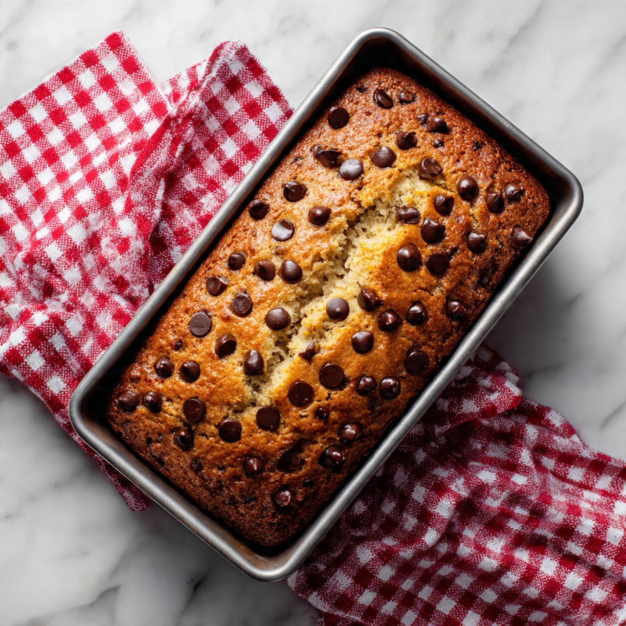 A close-up top view of a rectangular loaf cake in a metal baking pan, showing a cracked golden-brown crust thickly dotted with many shiny, smooth dark chocolate chips on top, with the inner soft cake layer visible through the crack. The pan is placed on a white marbled surface with a red and white checkered cloth partially visible in the background photo taken with an iphone --ar 4:5 --v 7