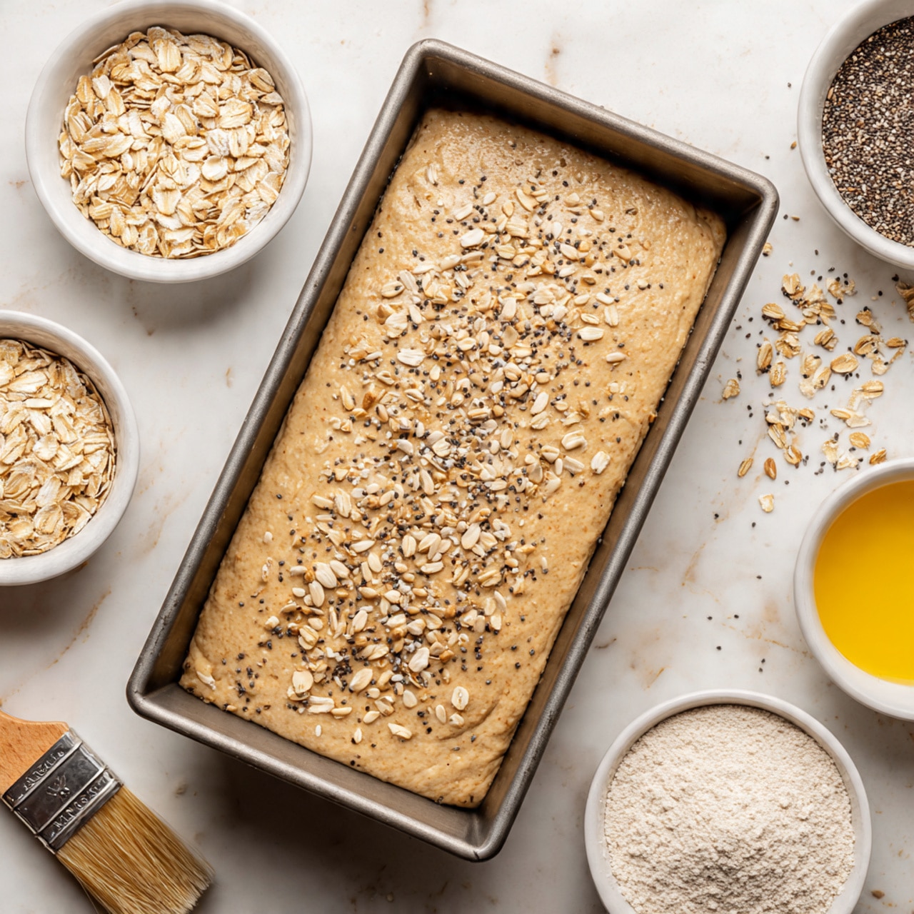 A loaf of dough in a rectangular metal baking pan, topped with scattered light brown oats, pale sunflower seeds, small white sesame seeds, and tiny black poppy seeds, all spread evenly. The dough is light tan with a smooth but slightly bumpy texture, filling most of the pan. Around the pan on a white marbled surface, there are small white bowls filled with oats, seeds, and a yellow liquid egg wash next to a wooden brush with light bristles. Some seeds and oats are scattered loosely on the surface near the pan photo taken with an iphone --ar 4:5 --v 7