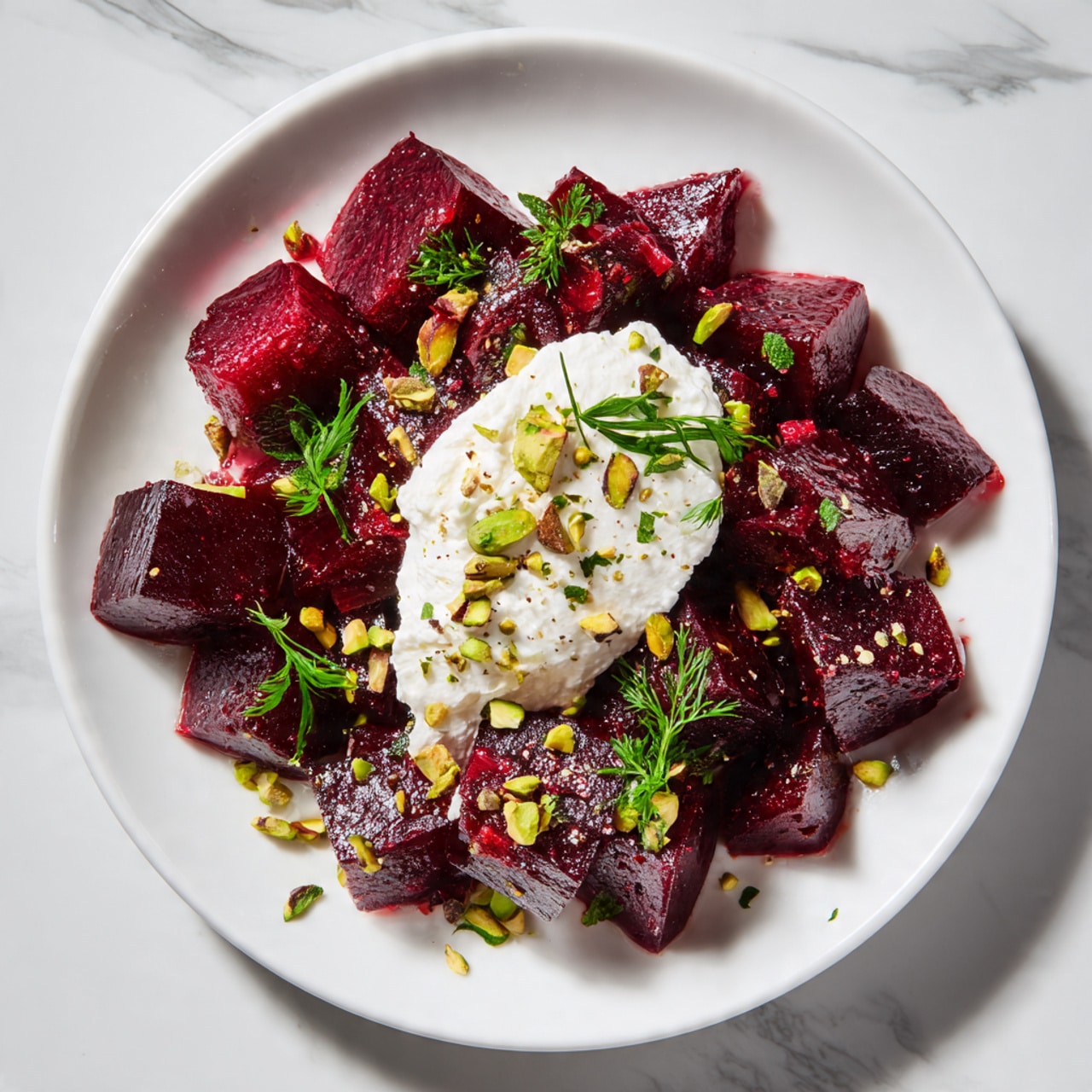 A white plate holds a beet salad with deep red, cubed beet pieces forming the base layer. On top, there are small green pistachio bits scattered evenly, adding contrast with their color and texture. A dollop of white creamy cheese is placed in the center, slightly soft and smooth with a few loose crumbs around it. Small green herb leaves are spread lightly over the salad, adding freshness and color. The plate sits on a white marbled surface. photo taken with an iphone --ar 4:5 --v 7