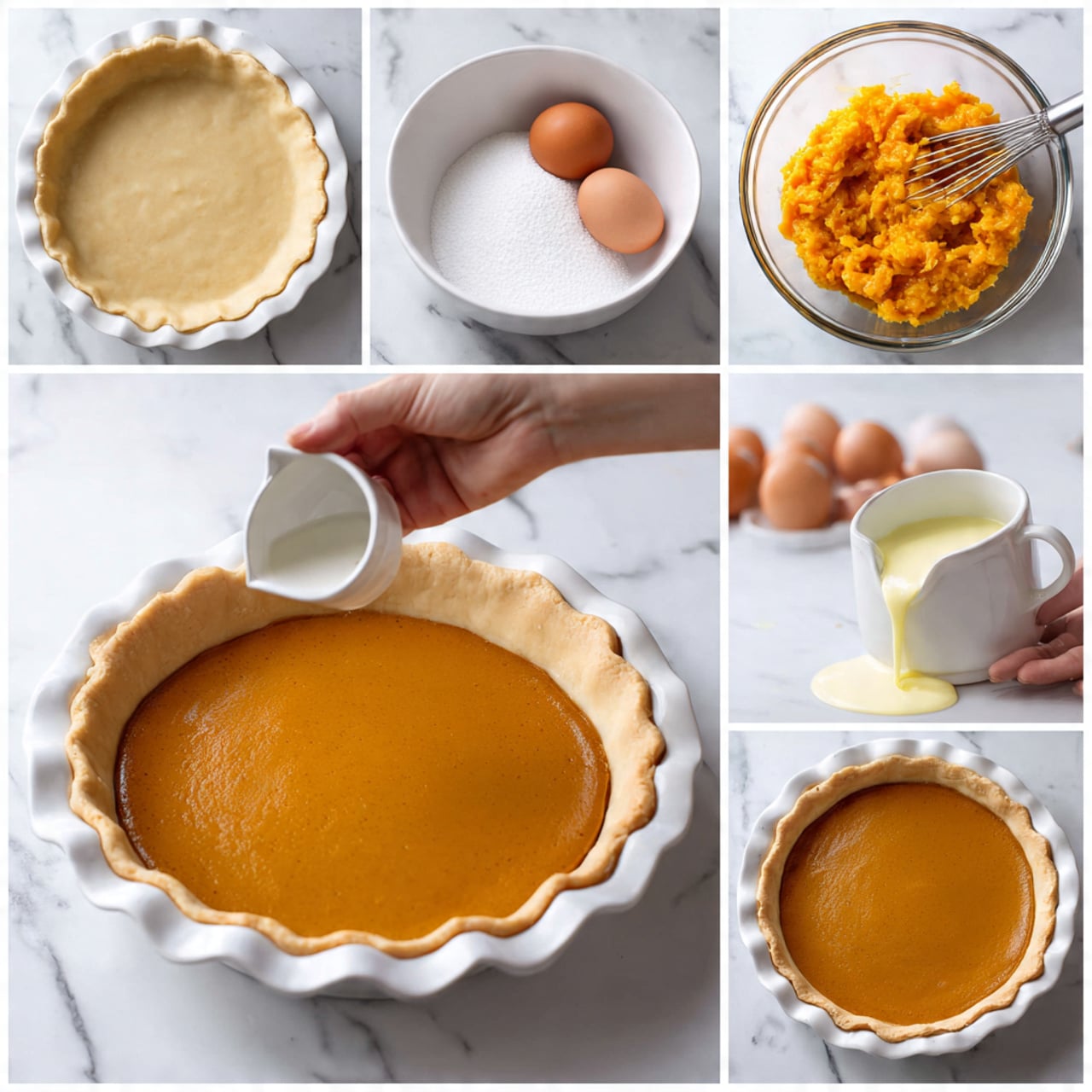 A collage of six images shows the process of making a pumpkin pie. The first image features a white pie plate with an uncooked pie crust pressed evenly inside, edges crimped and small holes pricked in the bottom. The second image captures a white bowl with sugar being poured by a woman's hand over two eggs. The third image shows a clear glass bowl with mashed orange pumpkin and a whisk resting in a pale yellow liquid, likely eggs. The fourth image depicts a woman's hand pouring a creamy white liquid from a white cup into the glass bowl containing the pumpkin mixture. The fifth image shows the filled pie crust with smooth orange pumpkin filling evenly spread inside the white pie plate, set on a white marbled surface. The final image shows the pumpkin pie fully baked with a golden-brown top and the crimped edges nicely browned, resting on a white marbled surface. Photo taken with an iphone --ar 4:5 --v 7