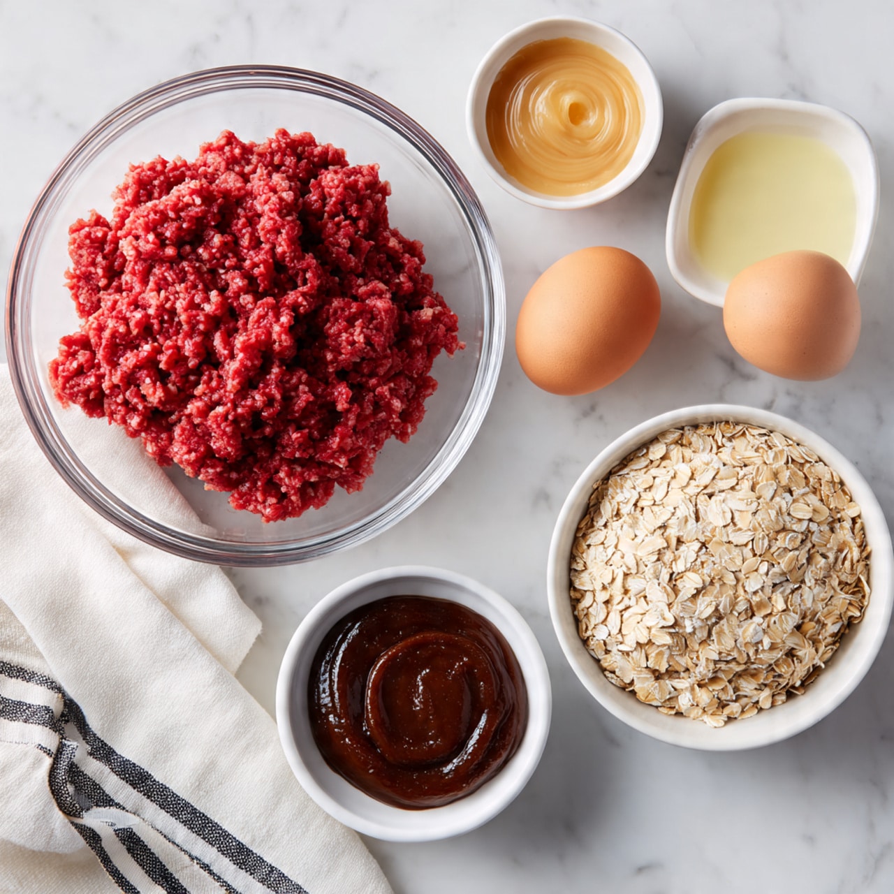 A clear glass bowl filled with bright red ground meat sits on a white marbled surface. To the right, there is a white bowl full of light beige oats, next to it are two brown eggs placed near a small white dish that holds a pale yellow liquid. Above this dish is a small white bowl containing a swirl of light brown sauce, and below the oats is another small white bowl filled with a thick dark brown sauce. A white cloth with black stripes is casually placed at the top left corner. Photo taken with an iphone --ar 4:5 --v 7