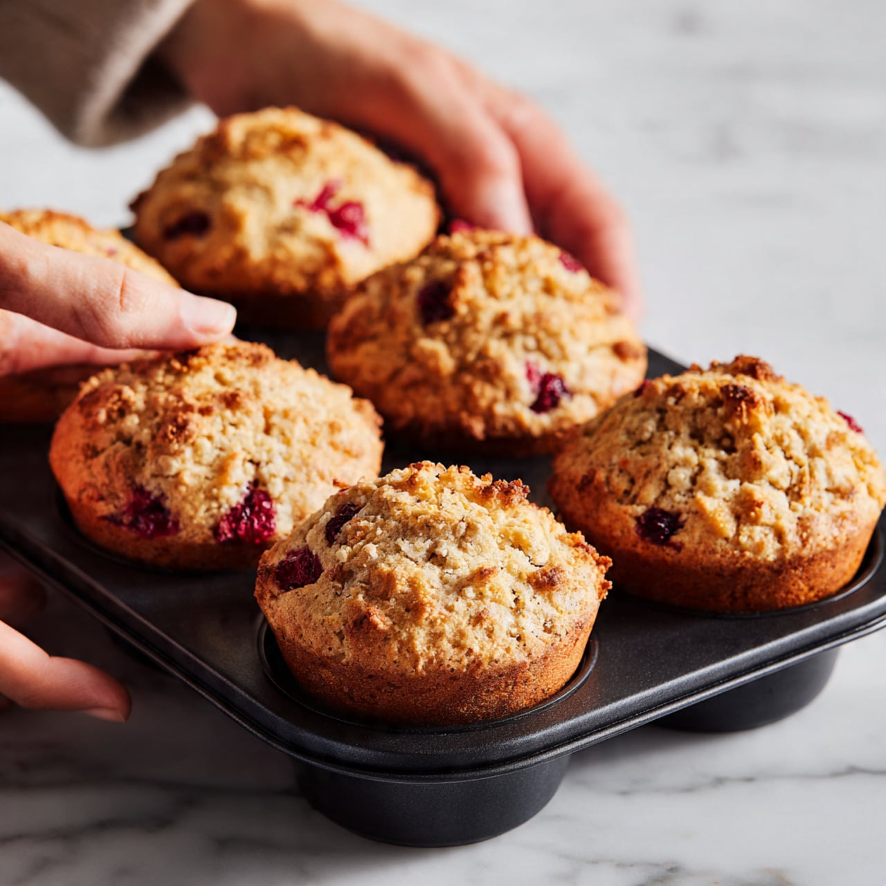 The image shows a batch of golden brown muffins in a black baking tray. Each muffin has a slightly domed top with a textured, crumbly surface. Some muffins have bright red berry pieces visible on the top and inside the muffin, adding spots of color to the otherwise light brown muffins. The muffins are placed on a white marbled surface, and a woman's hand is gently touching one of the muffins. Photo taken with an iphone --ar 4:5 --v 7
