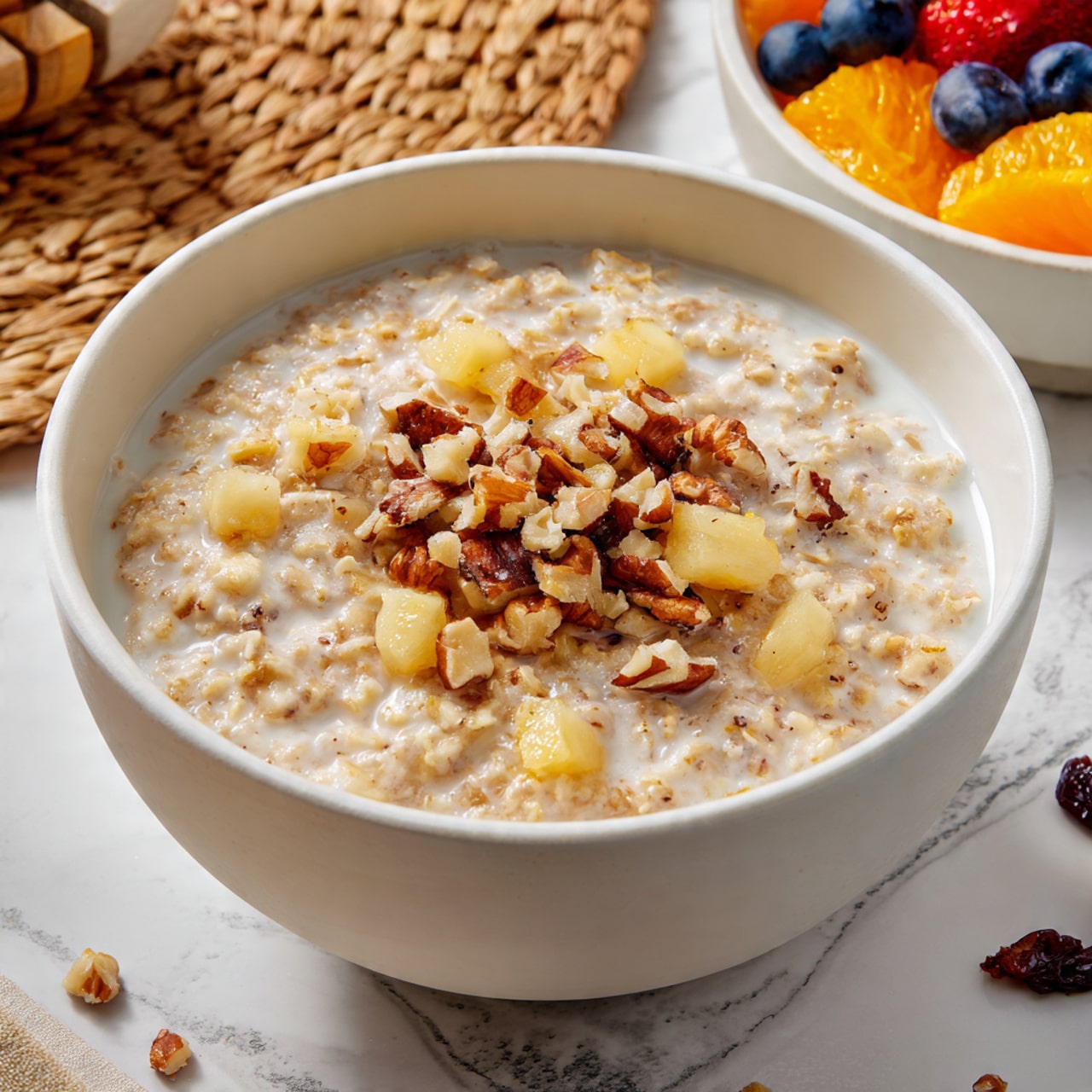 A white bowl filled with a creamy beige oatmeal mixed with small chunks of light yellow fruit and topped with broken pieces of brown nuts. The oatmeal has a slightly thick texture and is surrounded by a light layer of milk, visible around the edges. The bowl sits on a white marbled surface with some scattered nuts and raisins around it. In the background, a white bowl with colorful berries like blueberries and orange slices is visible on a woven mat. Photo taken with an iphone --ar 4:5 --v 7