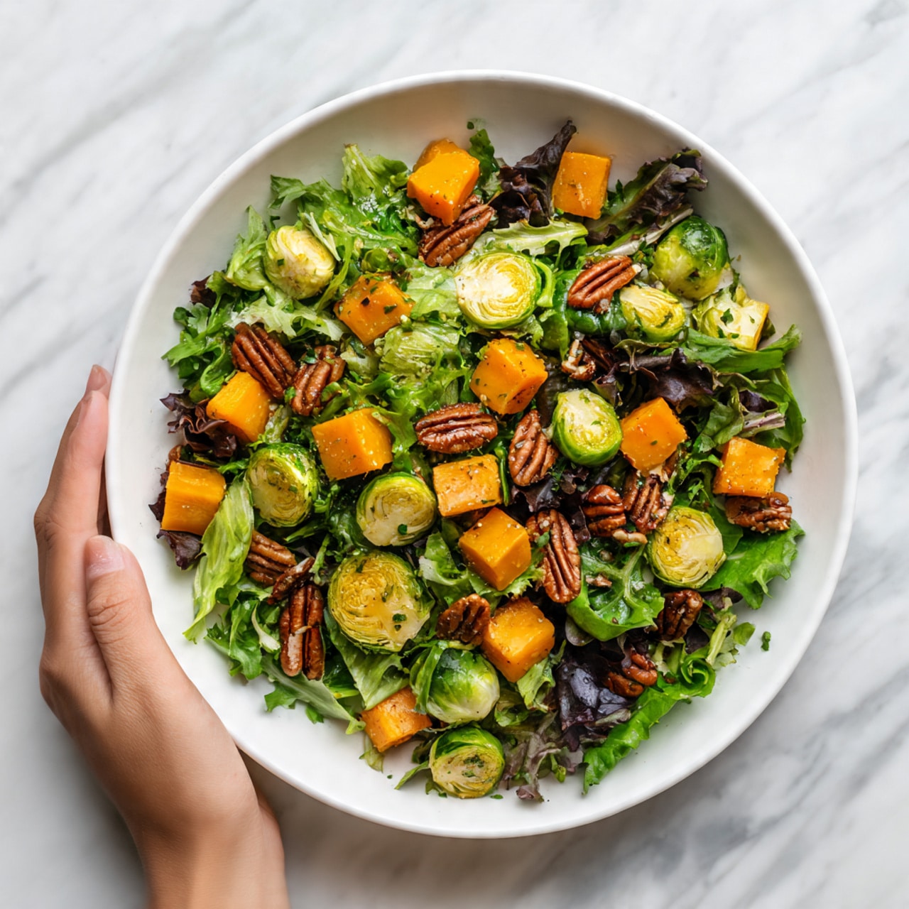 A white round plate shows a fresh salad with several layers of ingredients. The base layer consists of mixed green lettuce and dark leafy greens with a soft texture. On top, small bright orange cubes of roasted squash are scattered evenly. There are also halved Brussels sprouts with a greenish brown outer texture placed throughout the salad. Additionally, pecan nuts in dark brown shades are spread across the top for added texture. The plate is placed on a white marbled surface with a woman's hand gently holding the edge. photo taken with an iphone --ar 4:5 --v 7
