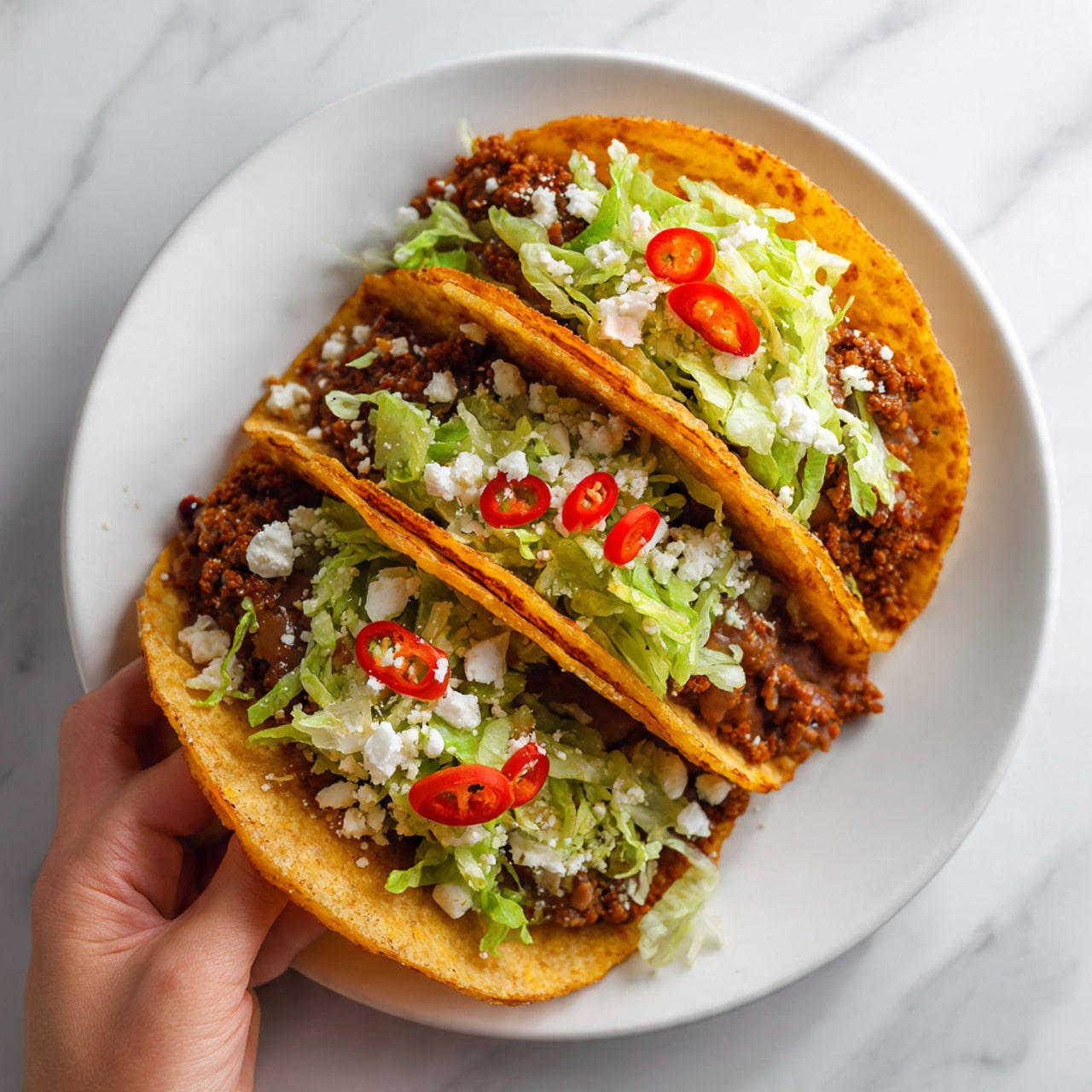 The image shows a white plate with three open tacos arranged closely. Each taco has a toasted, golden-brown tortilla base and is layered with creamy brown refried beans, topped with shredded green lettuce, small white cheese crumbles, and thin slices of bright red chili peppers scattered on top. A woman's hand is holding one taco, showing the filling inside. The background features a white marbled surface. Photo taken with an iphone --ar 4:5 --v 7
