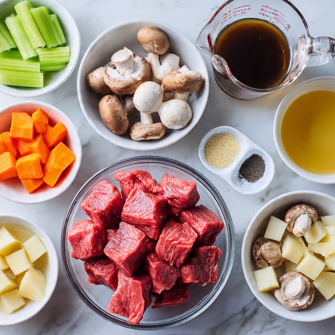 The image shows ingredients neatly arranged on a white marbled surface, ready for cooking. In the center, there is a clear glass bowl filled with bright red raw beef chunks, surrounded by smaller white bowls containing a mix of fresh vegetables: light green celery pieces, sliced brown mushrooms, orange carrot rounds, and cubed pale potatoes. Also visible are small white containers holding black pepper, a dark liquid sauce, light salt, garlic cloves, and a rich brown broth in a glass measuring cup. Additionally, there are small portions of golden oil, beige grains, and a reddish paste placed at the bottom. The overall setup is clean and organized, showing all items clearly before cooking, photo taken with an iphone --ar 4:5 --v 7