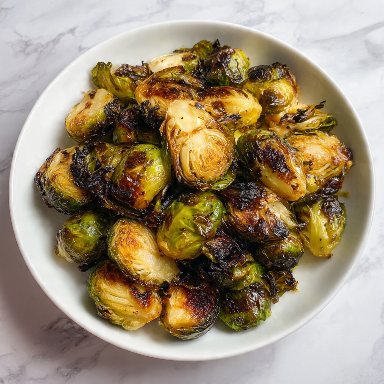 The image shows a white plate filled with roasted Brussels sprouts. The sprouts are browned and crispy on the outside, with a mix of dark green and golden yellow colors. They are evenly spread across the plate with some darker caramelized spots visible. The plate is placed on a white marbled surface. photo taken with an iphone --ar 4:5 --v 7