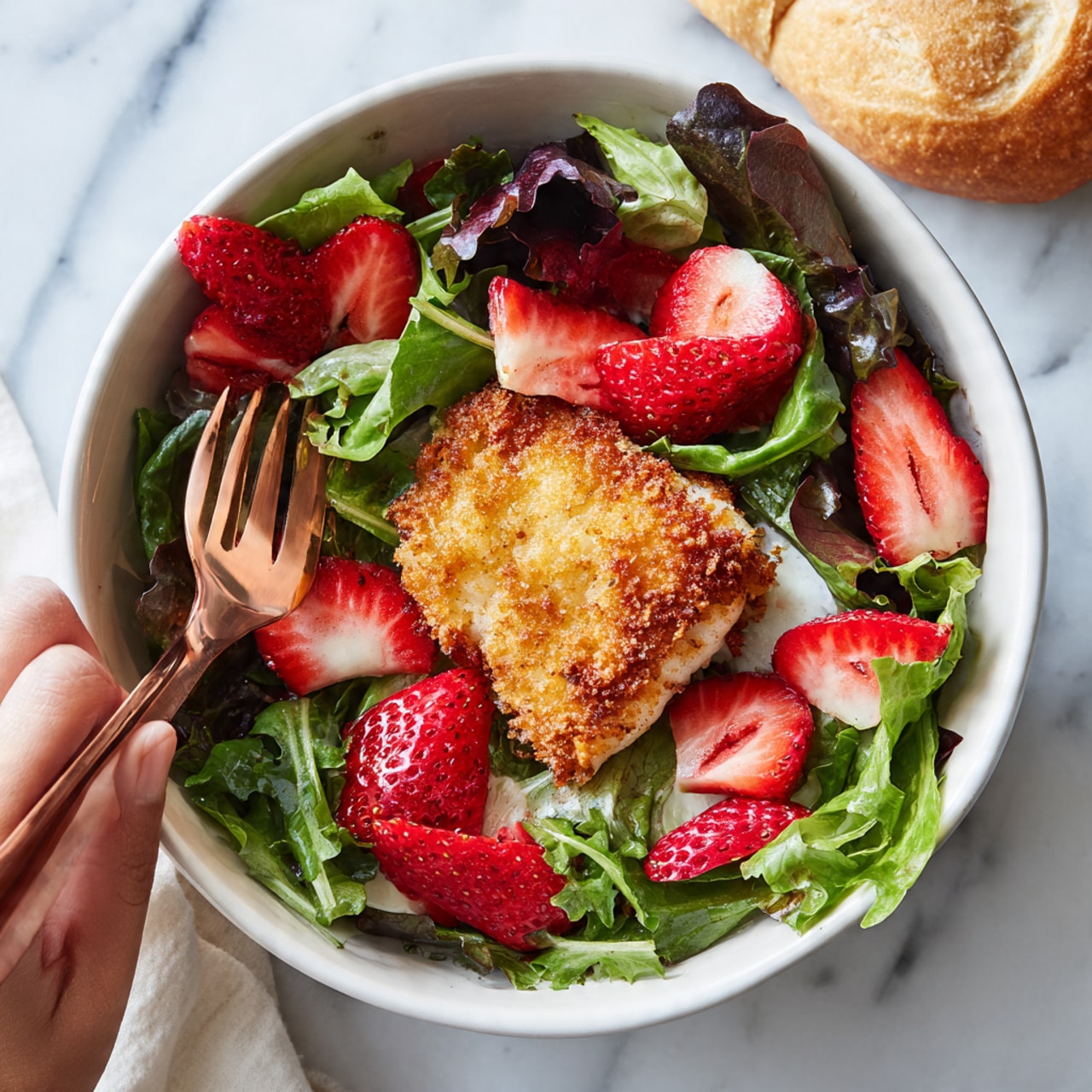 A white bowl filled with a fresh salad featuring leafy greens as the base layer, topped with bright red strawberry slices scattered evenly. On top of the strawberries, there is a single piece of golden-brown breaded fish placed in the center, showing a crispy texture. A copper fork is resting on the left side of the bowl, with a woman's hand about to pick it up. The bowl is set on a white marbled surface with part of a bread roll visible to the right. photo taken with an iphone --ar 4:5 --v 7