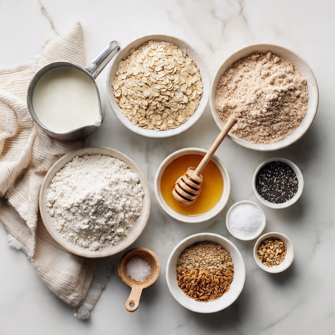 The image shows ten containers of ingredients neatly arranged on a white marbled surface. In the center, there is a small white bowl filled with light beige rolled oats. To its upper right, a large white bowl holds fine whole wheat flour with a light brown color and powdery texture. Directly below this bowl, a medium white bowl contains a heap of white all-purpose flour with a fluffy texture. To the right of the oats, a small white bowl has golden honey with a wooden honey dipper resting inside. At the top left, a silver pot filled with white milk is placed next to a small white bowl holding dry yeast granules in light brown. Below the pot, a small white dish holds white salt with a tiny wooden spoon on top. At the bottom left, a small white bowl is filled with honey. To the right of the honey dipper bowl, a small white bowl contains black and white sesame seeds. Below it, another small white bowl holds sunflower seeds in light brown. Near the bottom right, there is a small white bowl with textured brown sugar or spice. A beige and white striped cloth lies in the top left corner. Photo taken with an iphone --ar 4:5 --v 7