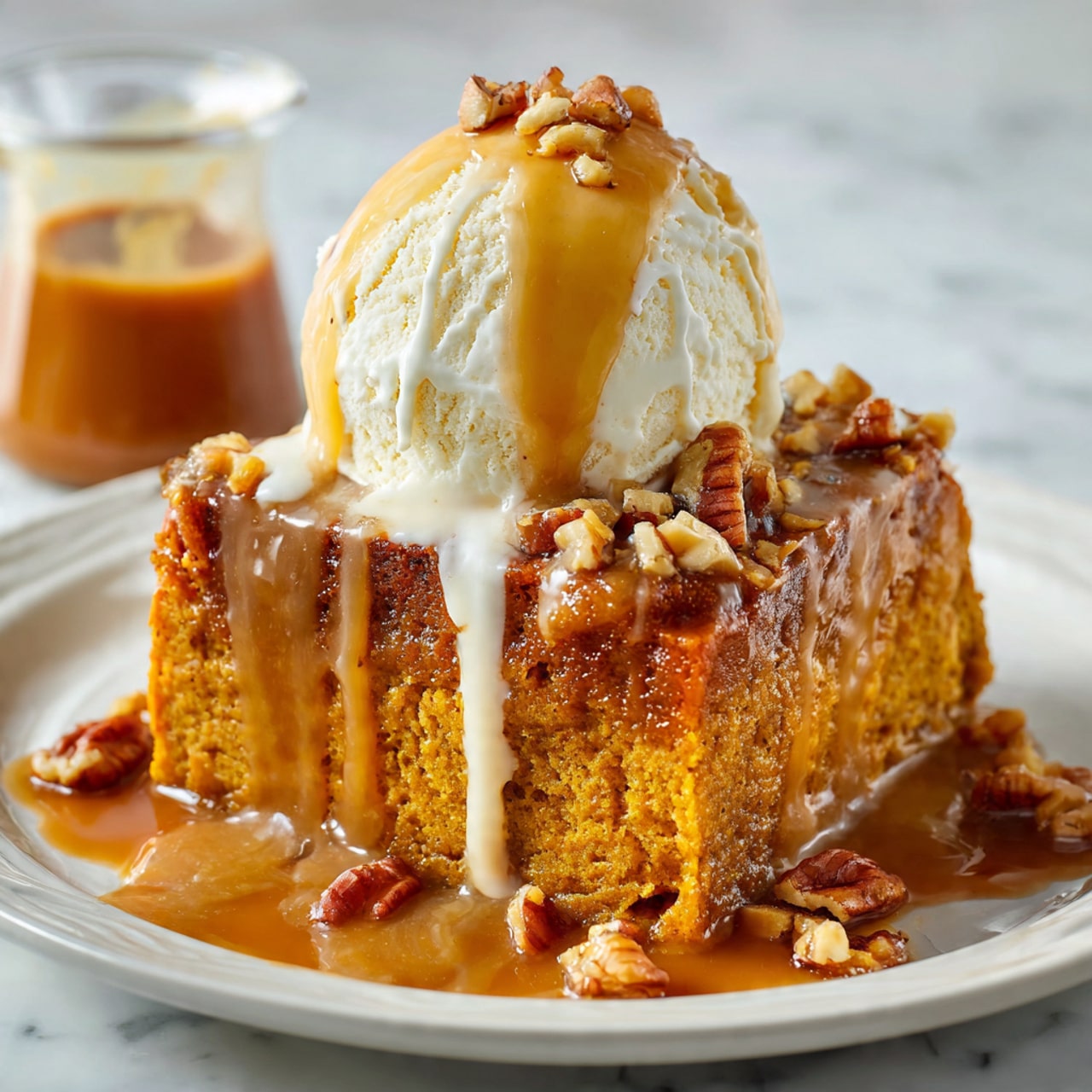 The image shows a thick slice of sticky pumpkin dessert topped with a large scoop of creamy vanilla ice cream that is slowly melting and dripping down the sides. The dessert has a rich orange-brown color with bits of nuts scattered on top and around the plate. There is a drizzle of shiny caramel sauce covering the dessert and pooling on a white plate. A clear glass container filled with more caramel sauce sits blurry in the background, all set on a white marbled surface. photo taken with an iphone --ar 4:5 --v 7