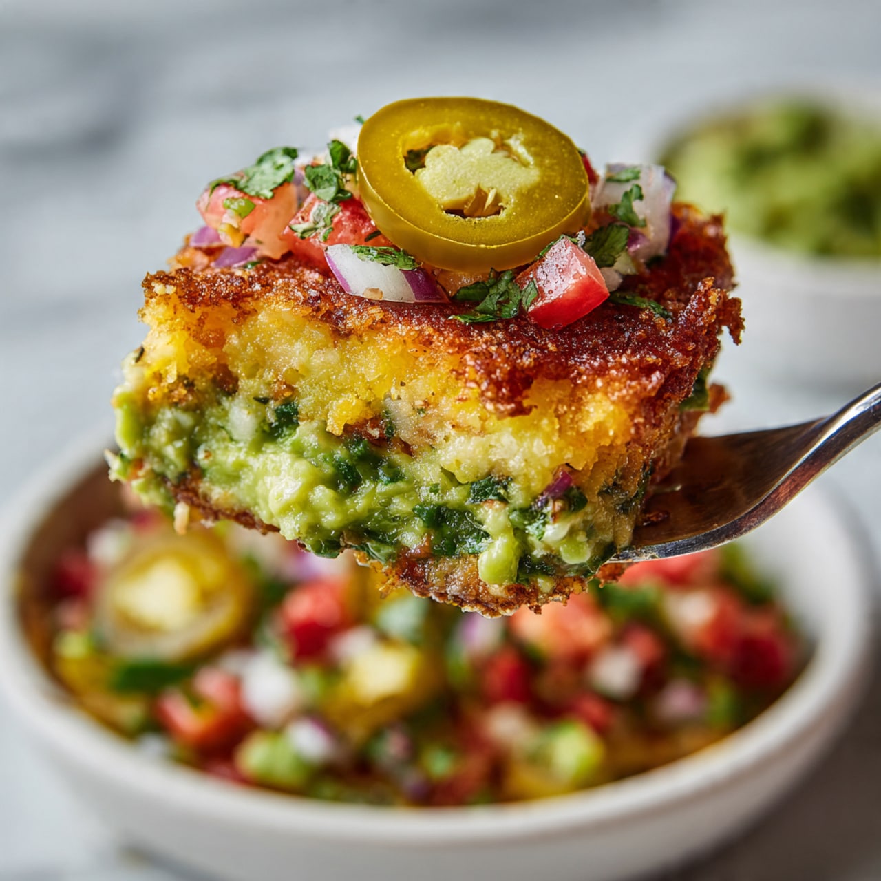 A close-up view of a fork holding a bite of layered food, showing four distinct layers: at the bottom, a green guacamole layer with chunky texture; above it, a mix of diced red tomatoes, white onions, and green herbs; next, a yellow-green jalapeño slice; topped by a golden, crispy fried piece. In the background, there is a blurred white bowl filled with similar mixed ingredients forming a colorful base on a white marbled surface. The photo taken with an iphone --ar 4:5 --v 7