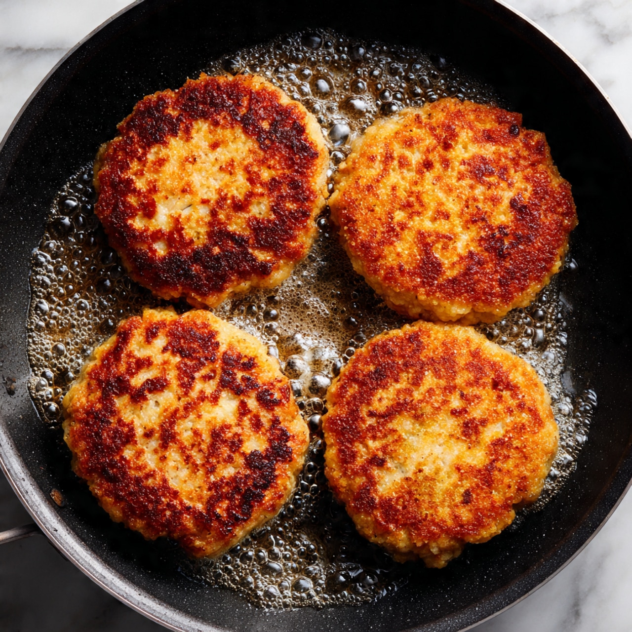 The image shows four golden-brown patties frying in a black pan. Each patty has a crispy, uneven top layer with light and dark brown spots, showing a crunchy texture. The edges are slightly rough and irregular, with some oil bubbling gently around them. The patties are arranged closely but not touching, evenly spaced in the pan. The background is a white marbled texture. photo taken with an iphone --ar 4:5 --v 7