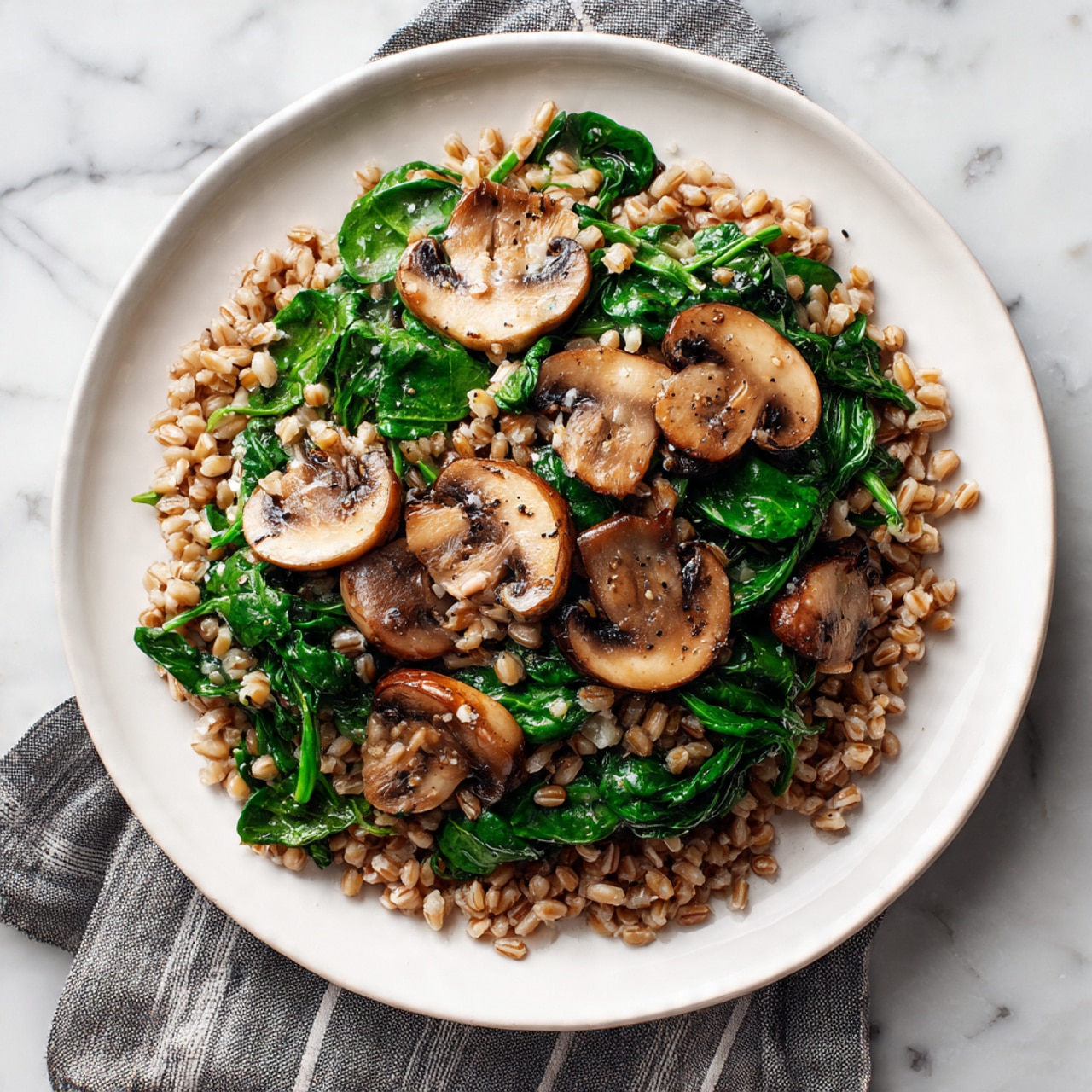 A white round plate holds a dish with three layers. The bottom layer is a bed of light brown cooked farro grains with a soft texture. The middle layer consists of bright green cooked spinach leaves arranged evenly across the grains. The top layer features light brown cooked mushroom slices with slightly crisp edges, scattered over the spinach. The plate rests on a white marbled surface with a gray and white striped cloth partially visible on the side. Photo taken with an iphone --ar 4:5 --v 7