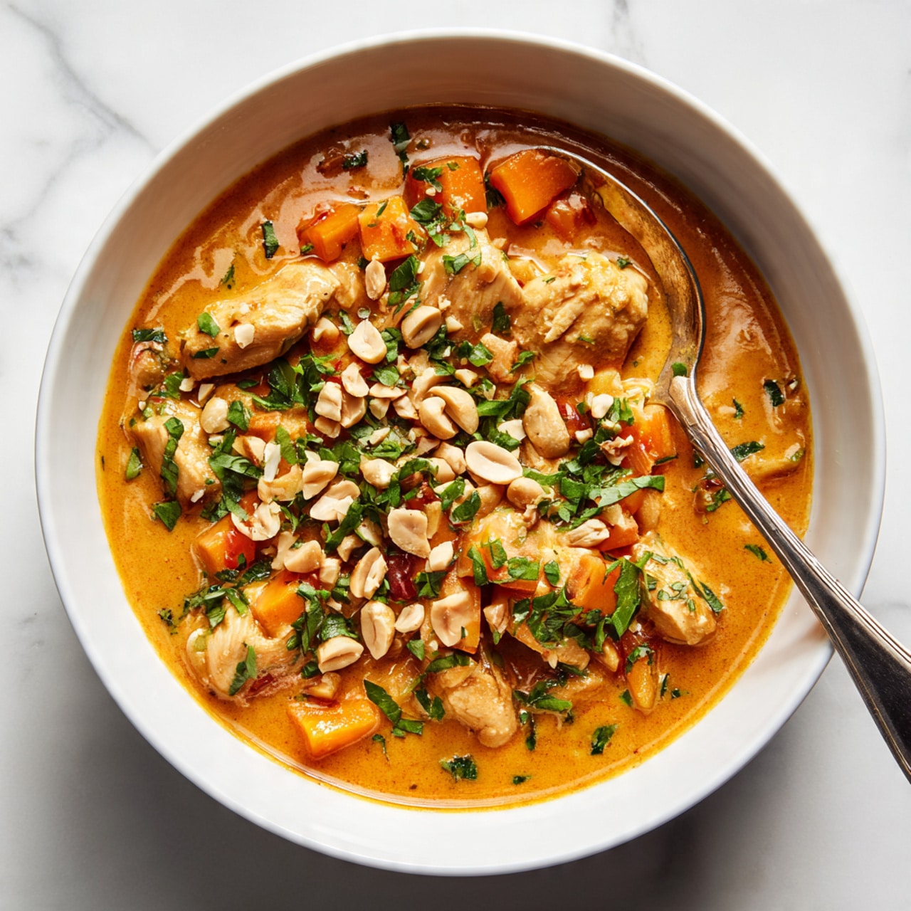 A close-up of a dish with a thick, smooth orange sauce as the base layer, filled with chunks of cooked chicken and diced orange vegetables. On top, there is a layer of chopped green herbs sprinkled evenly, along with whole and crushed light beige peanuts adding texture. A silver spoon rests partially in the bowl, which is white, and the background is a white marbled texture. photo taken with an iphone --ar 4:5 --v 7