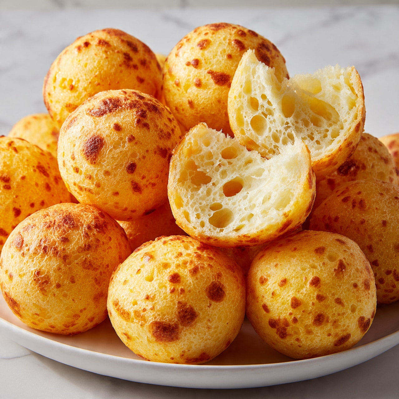 A close-up image of many small, round cheese bread balls with a golden-yellow crust dotted with small brown spots. One bread ball is broken in half and placed on top, showing a soft, airy, and spongy white inside with small holes. The bread balls are piled on a white plate that is set on a white marbled surface. photo taken with an iphone --ar 4:5 --v 7