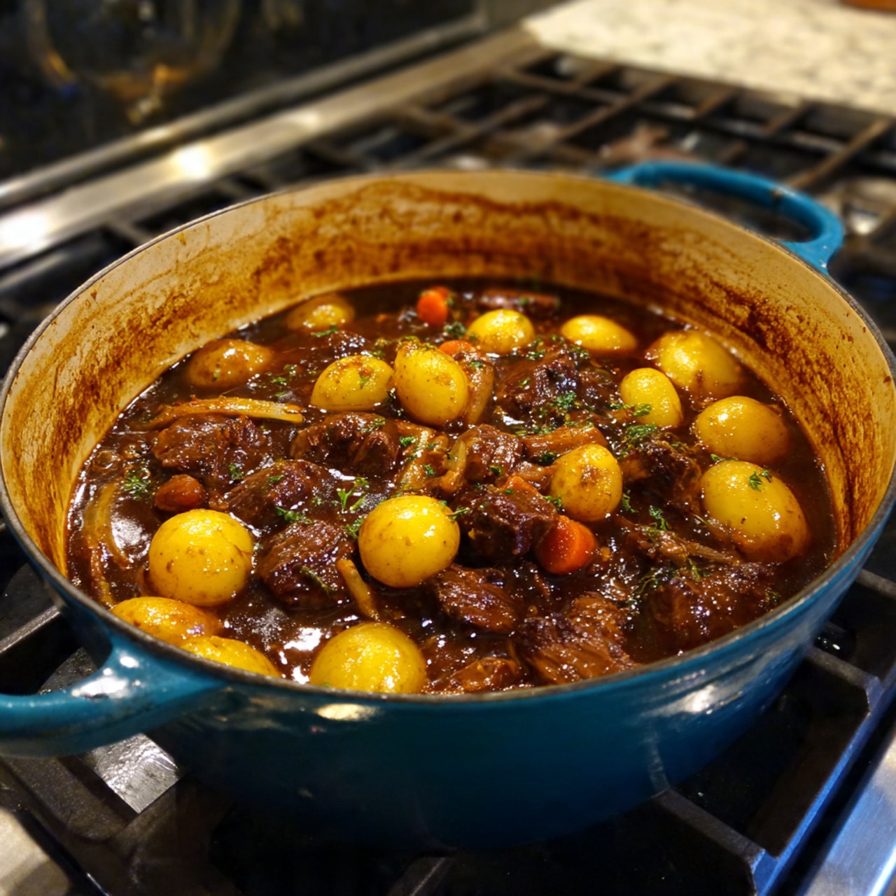 The image shows a blue cast iron pot on a stove with a dark brown stew inside. The stew has large chunks of meat, whole yellow baby potatoes, and small pieces of orange carrot, all mixed in a thick, rich sauce. The inside of the pot has some stains and marks from cooking, and the pot has a white marbled surface underneath. The colors are warm and earthy, with the bright yellow potatoes and orange carrots standing out in the dark sauce. photo taken with an iphone --ar 4:5 --v 7