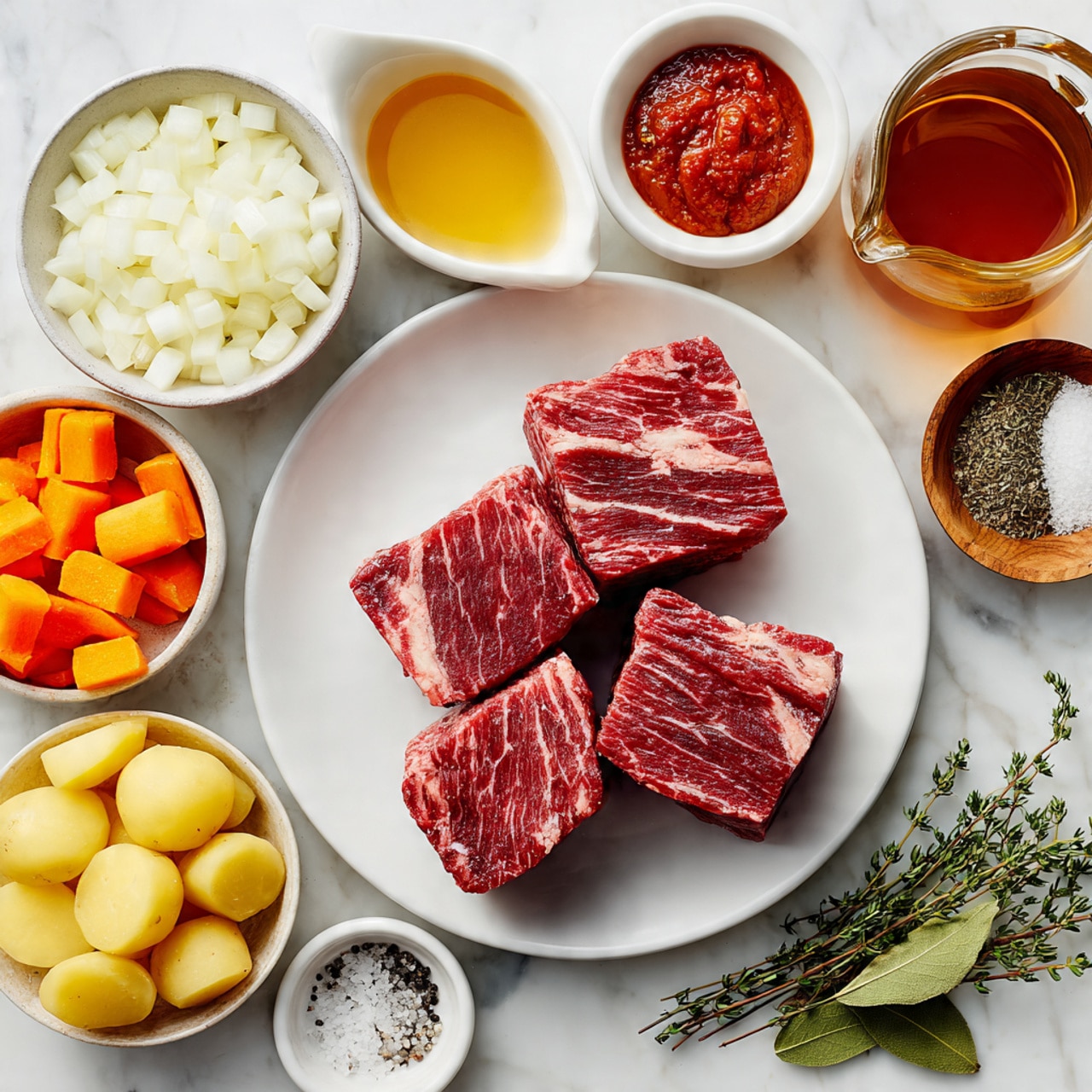A white plate holds two thick, rich red raw beef pieces with white marbling. Around the plate on a white marbled surface are small bowls and containers with different ingredients: a bowl of roughly chopped white onion pieces, a bowl with orange carrot sticks and small halved yellow potatoes, a small bowl of chopped garlic, a wooden bowl filled with coarse white salt, another bowl with ground black pepper, a small dish of bright red tomato paste, a small white bowl holding a golden yellow liquid, a small cup with a dark brown liquid, a glass pitcher with amber-colored broth, and a small white dish with fresh green bay leaves and thyme sprigs. The colors and textures are clear and fresh, arranged neatly. Photo taken with an iphone --ar 4:5 --v 7