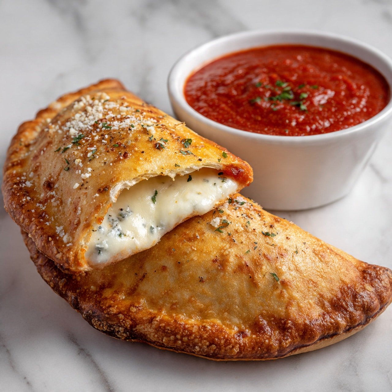 The image shows two golden brown calzones with a slightly crispy and flaky texture on the outside, sprinkled with small bits of parmesan cheese and a few green herb bits. One calzone is opened slightly, revealing a creamy, melted white cheese layer inside, with a hint of a red sauce layer beneath it. Next to the calzones is a white bowl filled with a thick, chunky red tomato sauce. The calzones and bowl are placed on a white marbled surface. photo taken with an iphone --ar 4:5 --v 7