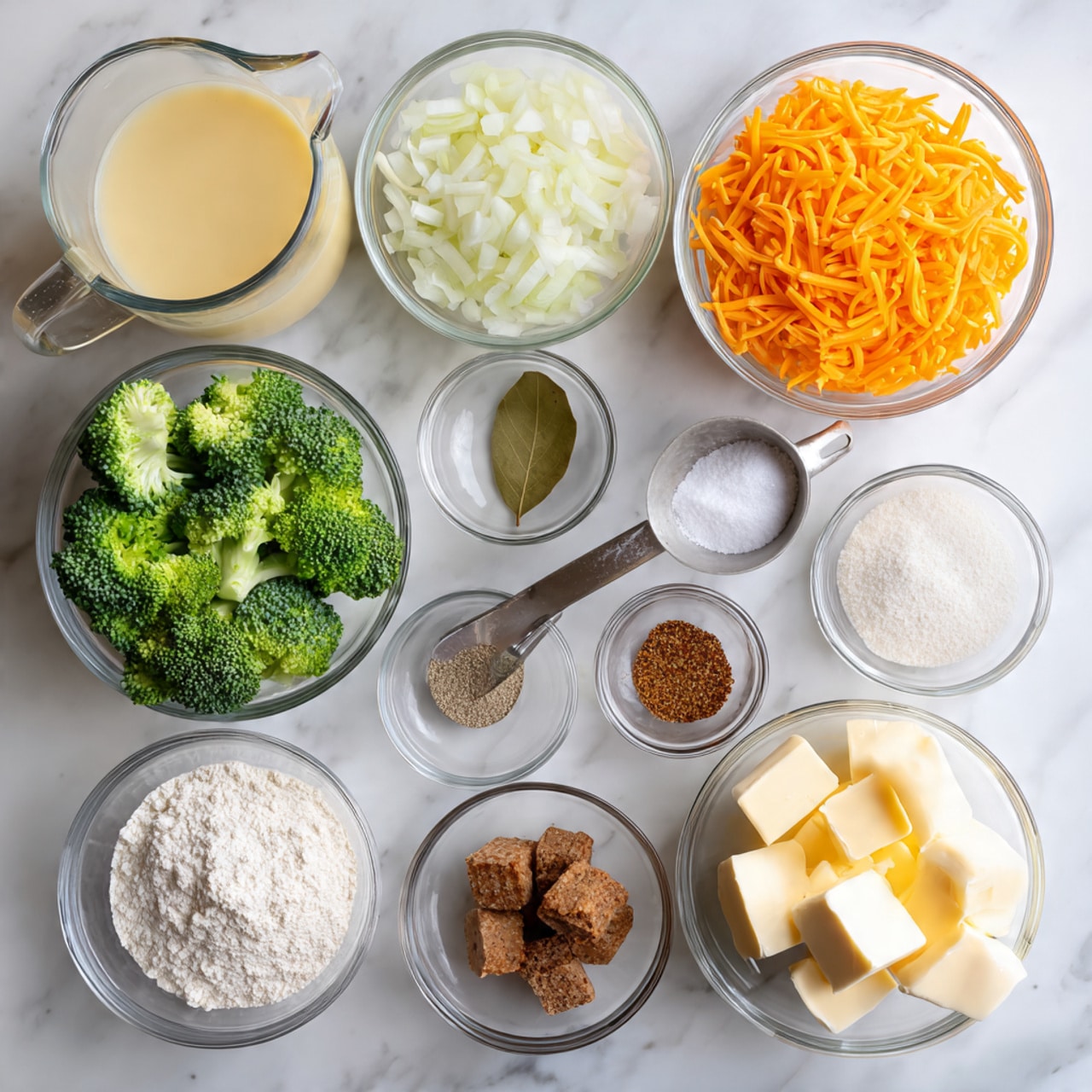 This image shows an overhead view of ingredients arranged neatly on a white marbled surface. There are clear glass bowls holding bright green broccoli florets, shredded orange cheddar cheese, small white chopped onions, and thin orange carrot strips. A small glass bowl has a single bay leaf, and another small bowl contains finely chopped garlic. There are two glass measuring jugs, one filled with light yellow chicken broth and the other with white milk. A small metal measuring cup holds white flour, a metal teaspoon contains brown nutmeg, and a tiny glass bowl has a mix of black pepper and white salt. Another clear bowl holds several chunks of pale yellow butter. The setup is clean and organized, with all colors standing out clearly against the white marbled background. photo taken with an iphone --ar 4:5 --v 7
