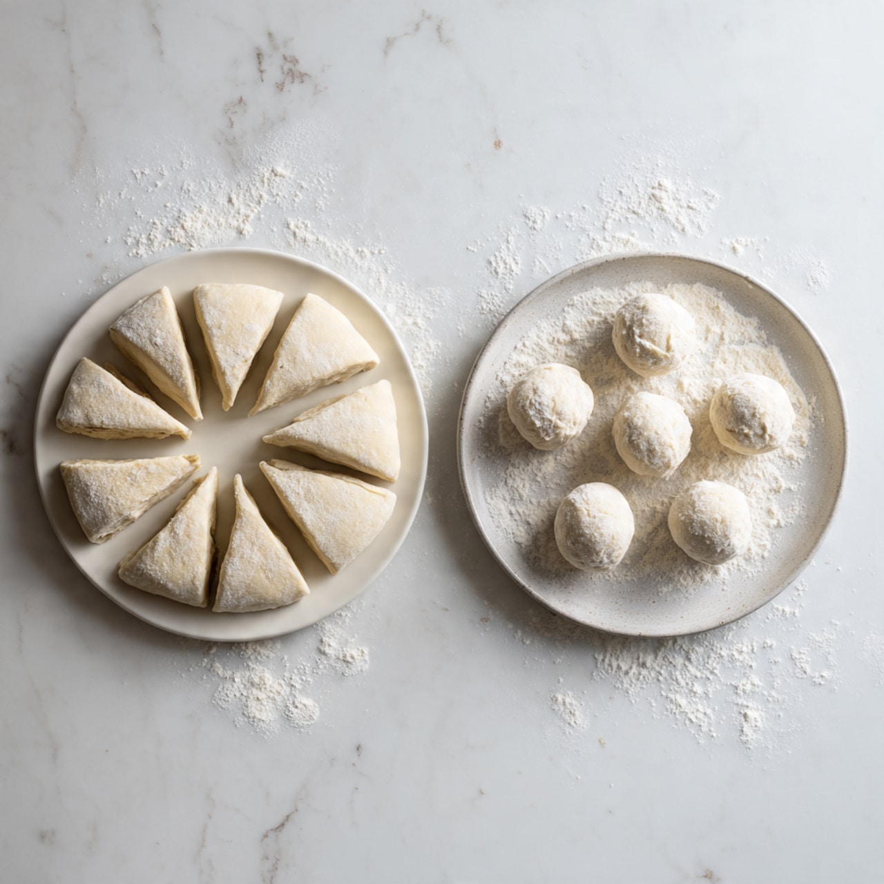 The image shows two round white plates on a white marbled surface. The plate on the left has eight triangular dough pieces arranged in a circle, each piece pale and soft with a slightly floured texture. The plate on the right holds nine small dough balls, each smooth and round with a light flour dusting on top, spaced evenly across the plate. Both plates have scattered flour around the dough pieces. Photo taken with an iphone --ar 4:5 --v 7