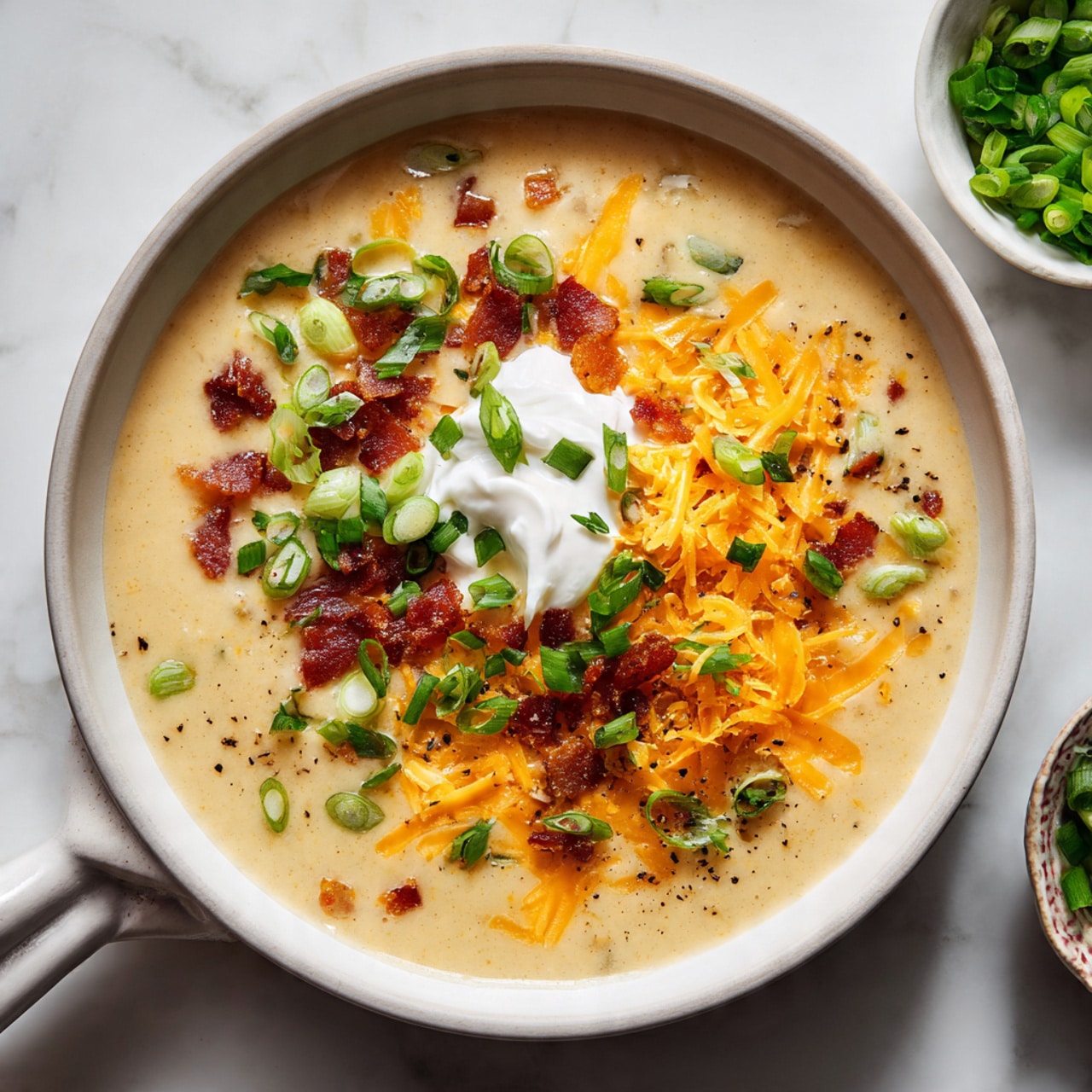 Beef & Smoked Cheddar Potato Soup Recipe 5 The image shows a close-up of a creamy soup in a white pan, placed on a white marbled surface. The soup has a smooth light beige base, topped with bright orange shredded cheddar cheese on one side, bits of crispy brown bacon scattered in the middle, and fresh green sliced scallions spread mainly on top and around the edges. A dollop of white sour cream sits near the cheese, adding a soft texture. In the top right corner, there is a small white bowl filled with extra chopped green scallions. A woman's hand holding the pan handle is partially visible. photo taken with an iphone --ar 4:5 --v 7