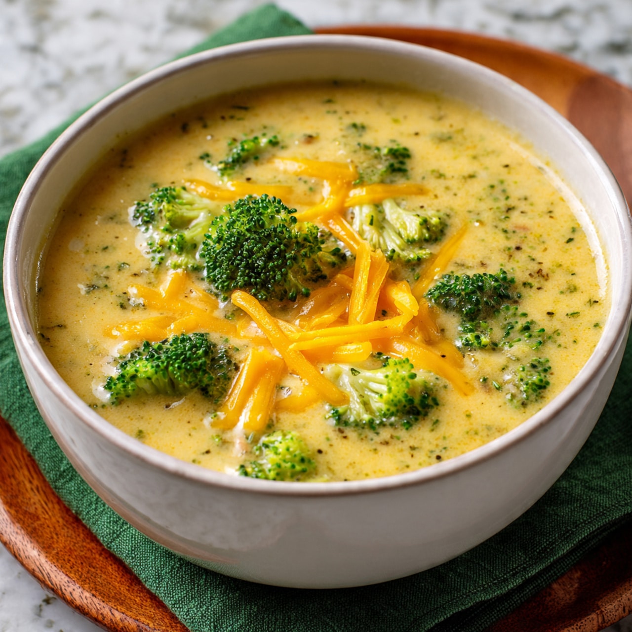Copycat Panera Broccoli Cheddar Soup Recipe 5 A white bowl filled with creamy, light yellow soup containing bright green broccoli pieces scattered throughout. Thin orange shredded cheese is mixed into the soup and also lightly spread on top. The bowl sits on a wooden board with a green cloth underneath, against a white marbled surface. The soup has a smooth and thick texture, with small bits of vegetables visible inside. Photo taken with an iphone --ar 4:5 --v 7