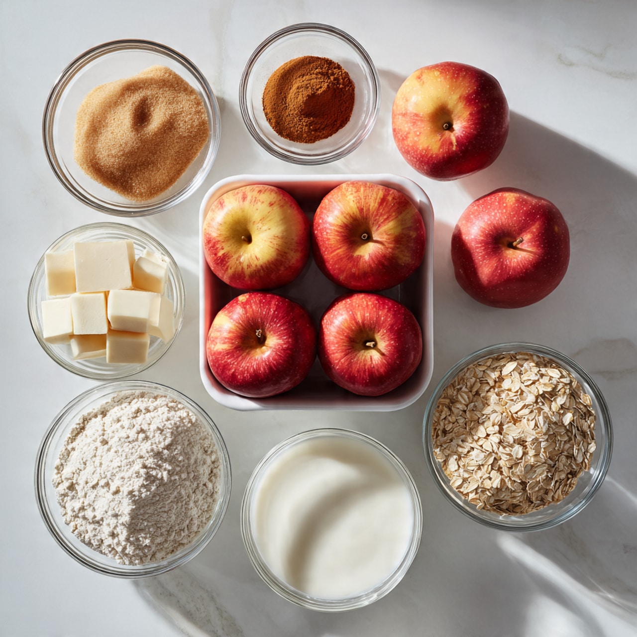 A white square dish in the center holds six red apples with light yellow blush, arranged in two rows. Surrounding the dish on the white marbled surface are seven clear glass bowls filled with baking ingredients: light brown sugar with a crumbly texture in one bowl, cinnamon powder with a fine texture in a tiny bowl, white cubed butter in a small bowl, white flour with a powdery texture in one bowl, rolled oats with a rough texture in another bowl, and a bowl of thick white liquid, likely cream or yogurt. The setup is neat and evenly spaced, with soft lighting highlighting the fresh colors and textures. Photo taken with an iphone --ar 4:5 --v 7