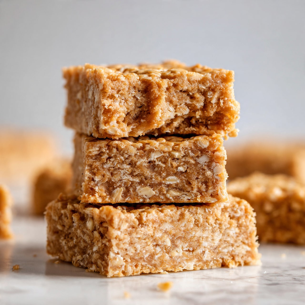 A close-up image of three thick, square oat bars stacked on top of each other, each bar showing a crumbly texture with visible oat grains. The top bar has a small bite taken out of one corner, revealing the dense, slightly rough inside. In the soft-focus background, more oat bars are scattered on a white marbled surface. The oat bars have a light brown color with a natural, homemade look. photo taken with an iphone --ar 4:5 --v 7