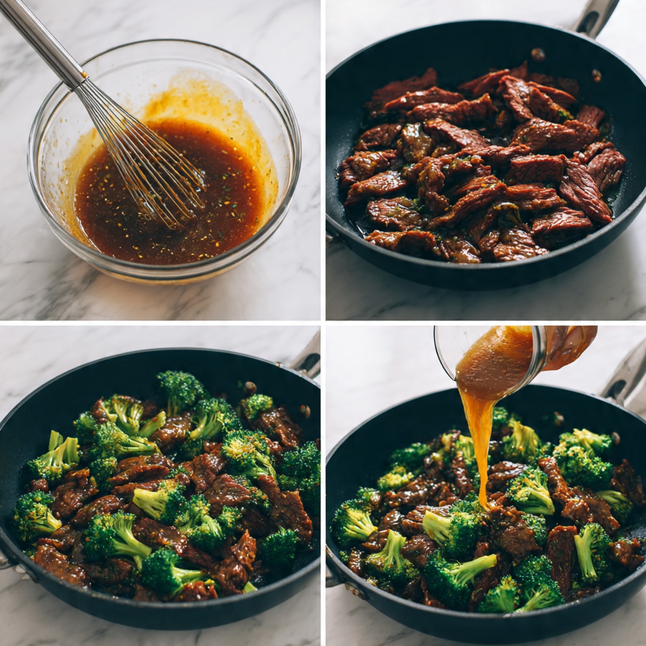 The dish is a stir-fry cooked in a black pan, shown in multiple steps. First, there is a glass bowl with an orange-brown sauce mixed with a silver whisk, sitting on a white marbled surface. Next, thin slices of raw red meat fill the pan, turning darker and cooked in later images. The sauce is poured over the cooked meat, creating a glossy brown liquid. Then, bright green broccoli florets are added on top of the meat, mixing fully in the last image where the vibrant green broccoli and dark brown meat are evenly spread, glistening with sauce. The textures show tender cooked meat and fresh, slightly soft broccoli. Photo taken with an iphone --ar 4:5 --v 7