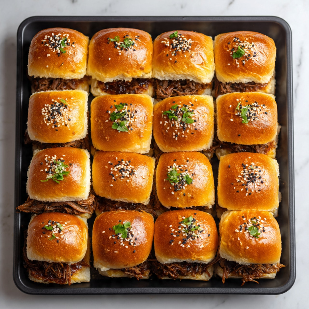 The image shows a tray of twelve golden brown sandwich sliders arranged in a 3 by 4 grid. Each slider has a shiny, slightly crispy top sprinkled with black and white sesame seeds and herbs. The bottom layer reveals a dark, saucy filling made of shredded meat with a tender texture, slightly oozing out between the soft, fluffy sandwich buns. The tray is placed on a white marbled surface. The photo was taken with an iphone --ar 4:5 --v 7