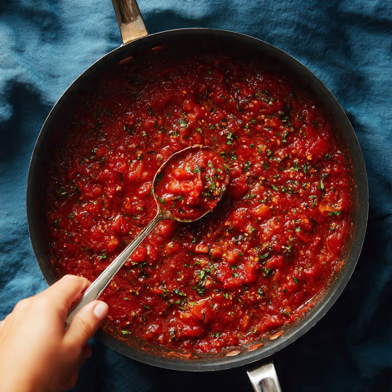 The image shows a black pan filled with a tomato and sauce mixture that looks chunky and thick, with small pieces of herbs sprinkled on top. A silver spoon is inside the pan, scooping the sauce, and a woman's hand is holding the pan's handle. The pan rests on a blue fabric surface. The sauce’s colors range from deep red to bright red with hints of green from the herbs, and the texture looks soft with visible bits of tomato. Photo taken with an iphone --ar 4:5 --v 7