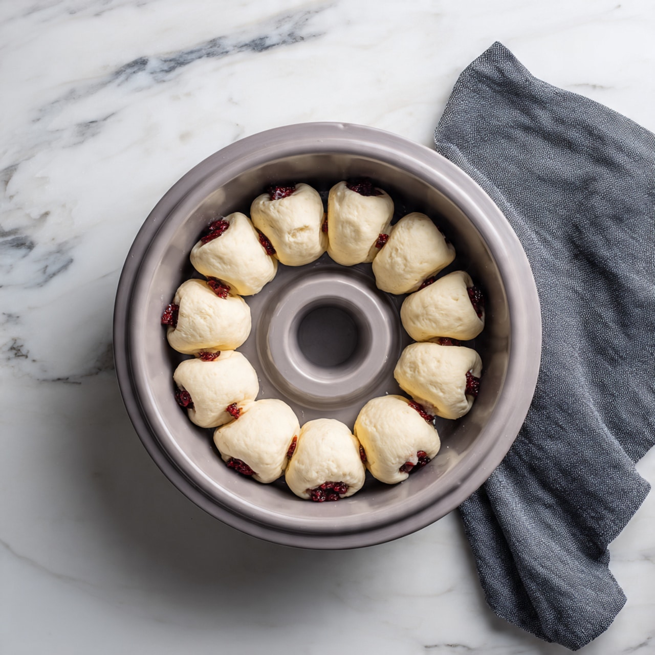 A gray bundt pan placed on a white marbled surface holds small rolled dough pieces arranged evenly in a circle inside the pan’s hollow center. Each dough roll is light cream in color, slightly shiny, and appears soft and uncooked. Dark red filling peeks out between the rolls, contrasting with the pale dough. The texture of the filling looks slightly sticky and thick. To the right side of the pan lies a neatly folded dark gray cloth. The overall scene shows preparation before baking. Photo taken with an iphone --ar 4:5 --v 7