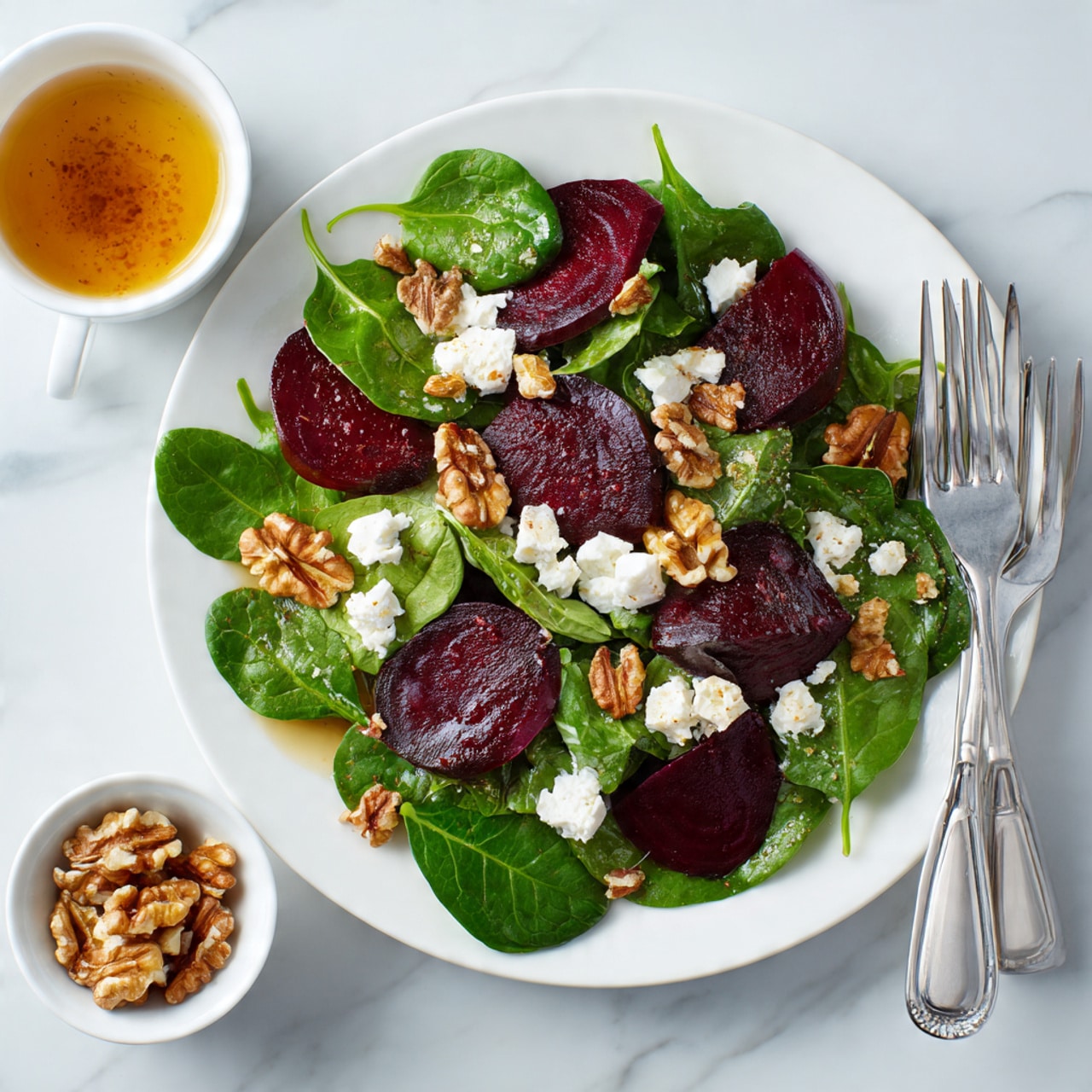 The image shows a white plate filled with a colorful salad. The salad has a base layer of dark red beet slices with a smooth texture, spread evenly across the plate. On top of the beets, there are bright green spinach leaves scattered around. White crumbles of cheese are sprinkled unevenly over the salad, adding a soft texture. Small pieces of brown walnuts are placed over the salad, giving it a rough texture. Two silver forks rest on the right side of the plate. To the left of the plate, there are two small white dishes, one filled with walnuts and the other with a golden-brown dressing. The surface under the plate is a white marbled texture. photo taken with an iphone --ar 4:5 --v 7