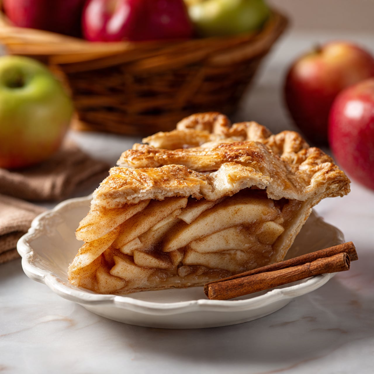 A slice of apple pie sits on a white scalloped plate, showing multiple layers of thin, light tan apple slices mixed with a cinnamon-spiced filling inside a golden-brown, flaky crust with a crimped edge on top. The pie slice is placed on a white marbled surface with two cinnamon sticks nearby. In the background, there are several red and green apples along with a wicker basket. The photo taken with an iphone --ar 4:5 --v 7