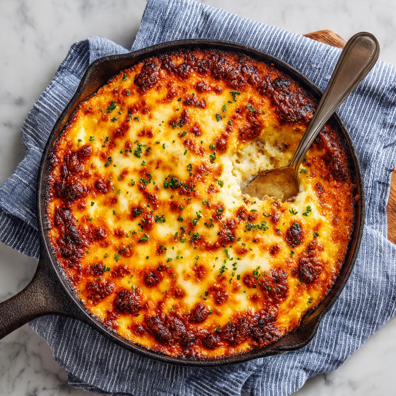 A cast iron pan filled with a baked dish that has a slightly bubbly, golden-brown cheese layer on top with hints of orange and light brown. The cheese is melted evenly, showing some small browned spots and a few green herb bits scattered. A spoon is resting inside, with some cheese sticking to it. The pan sits on a soft blue and white striped cloth over a white marbled surface. photo taken with an iphone --ar 4:5 --v 7