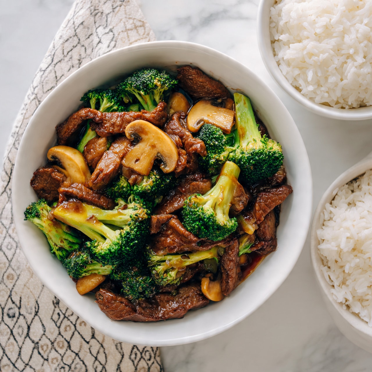 The image shows a white bowl filled with a colorful stir-fry of beef strips, bright green broccoli florets, and light brown sliced mushrooms coated in a shiny brown sauce. The beef looks tender and slightly caramelized, while the broccoli is fresh with a slight crunch. The mushrooms add a smooth, soft texture. To the right of the bowl, there is another white bowl containing plain white rice. The background features a white marbled texture with a cloth napkin with a simple geometric pattern near the top of the image. Photo taken with an iphone --ar 4:5 --v 7