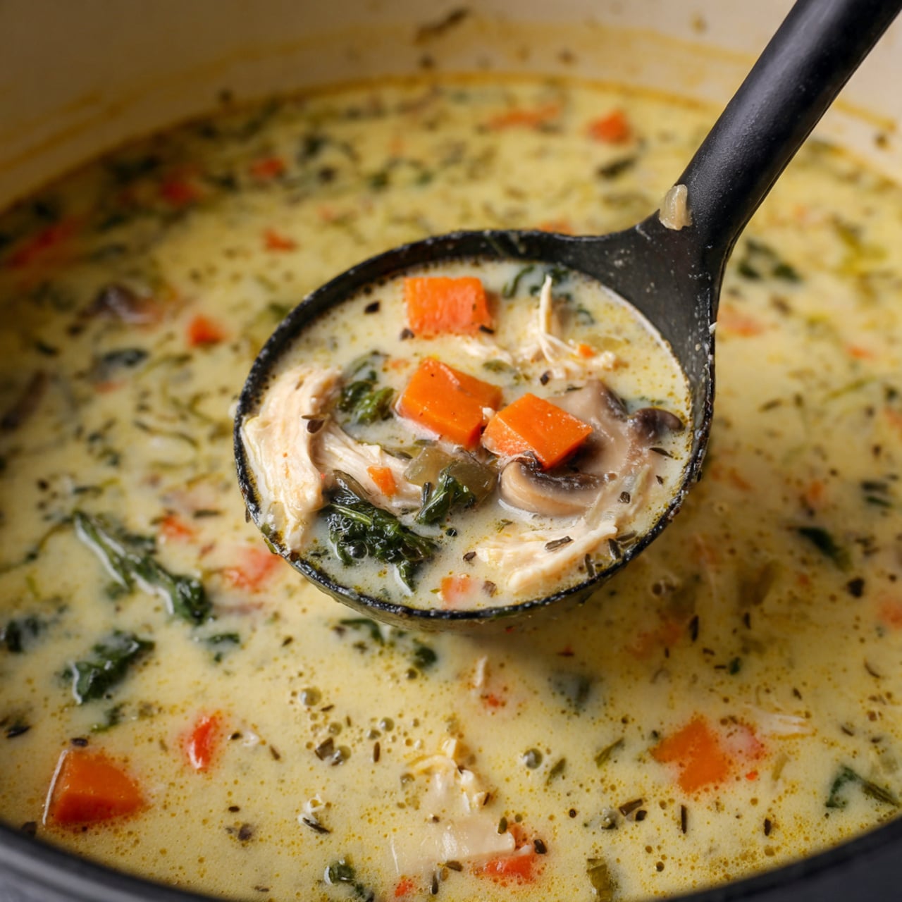A close-up view of a black ladle scooping a thick, creamy soup from a large pot. The soup has three main layers: the thick light yellowish creamy broth as the base, visible chunks of orange carrot cubes scattered evenly throughout, and dark green leafy herbs floating in the mix. There are also thin pieces of shredded white meat, translucent slices of celery, and brown mushroom slices throughout the soup. The background shows the white marbled texture around the pot edges, and small bubbles can be seen on the surface of the soup. Photo taken with an iphone --ar 4:5 --v 7