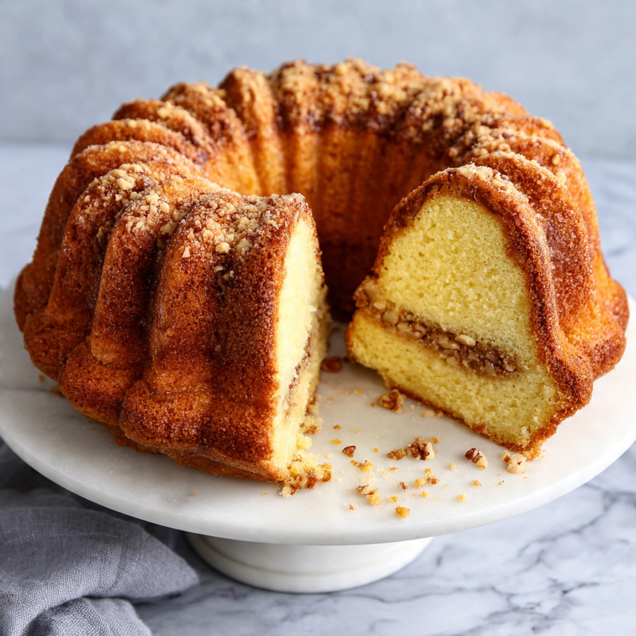 The image shows a bundt cake placed on a white cake stand over a white marbled surface. The cake is golden brown and has a ring shape with ridged sides. A large slice is removed from the cake, revealing the inside with two layers of nuts and darker brown filling running horizontally through the soft yellow cake. There are some crumbs scattered on the cake stand near the missing slice. A gray cloth is partially visible to the left side of the cake stand. Photo taken with an iphone --ar 4:5 --v 7