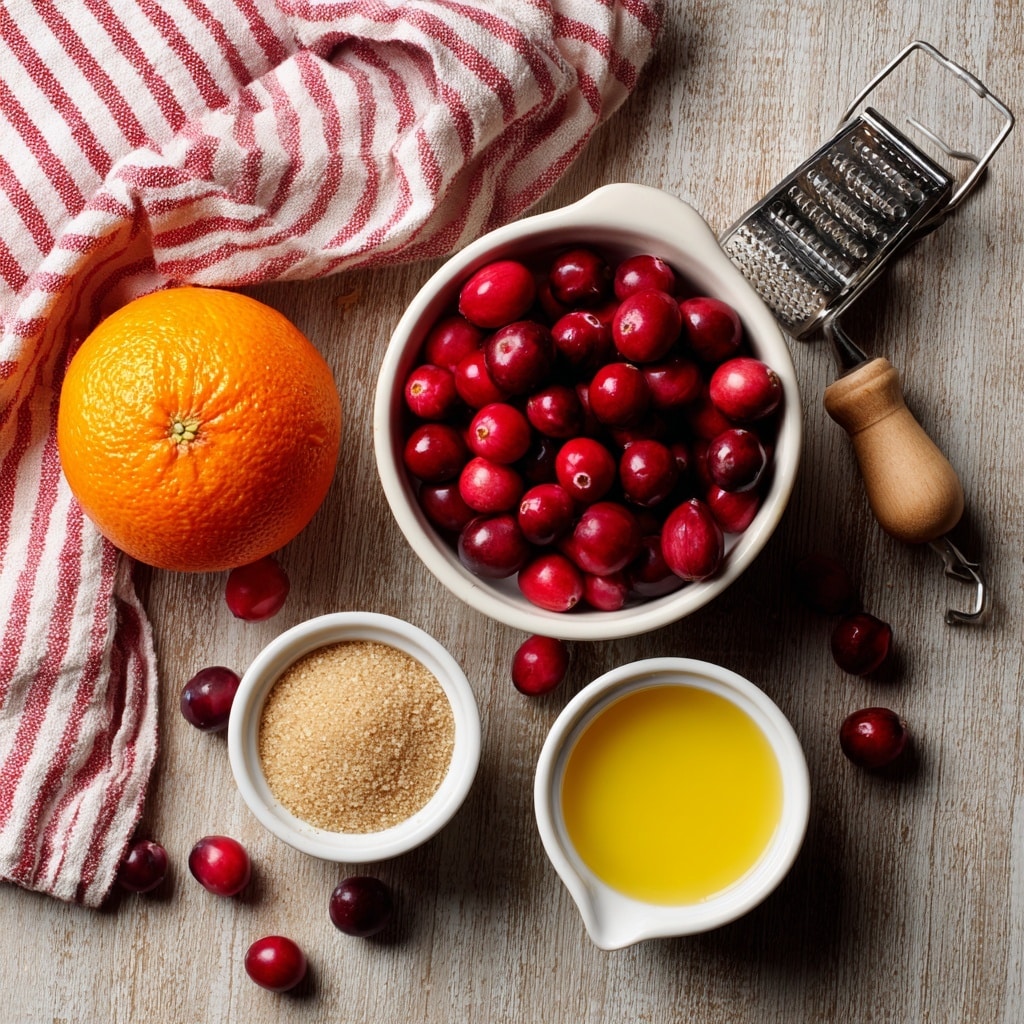 The image shows a top view of five main items arranged on a light brown wooden surface with a red and white striped towel in the top left corner. In the center, there is a white bowl filled with bright red cranberries, some cranberries scattered around it. To the left of the bowl, an orange sits with its textured peel clearly visible. Below the bowl is a small white ramekin filled with a bright yellow liquid. To the right of this ramekin, another empty white ramekin is placed. Above the empty ramekin, there is a metal measuring cup with light brown sugar inside. A metal grater with a wooden handle rests near the towel. photo taken with an iphone -1:1