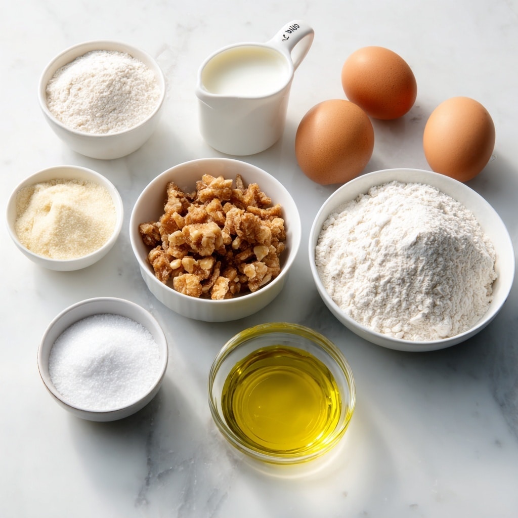 The image shows several baking ingredients neatly placed on a white marbled surface. In the front right, there is a small clear glass bowl filled with light yellow oil. To its left, a small white bowl contains fine white salt. Behind that, a white measuring cup holds a beige liquid. Next to it, a tiny white bowl has a white powder, likely baking powder or soda. Toward the back left, a medium white bowl holds a chunky mix of brown granola or nuts. Next to it on the right is a clear glass bowl filled with white flour. Behind all bowls, there is a clear glass measuring cup filled with milk on the left and three brown eggs resting on the marble. The ingredients are arranged neatly with soft natural light. photo taken with an iphone 1:1