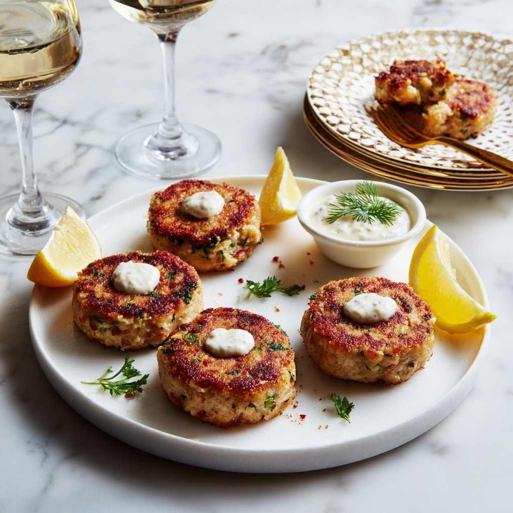 A white round plate on a white marbled surface holds five golden-brown patties with a crispy texture, each topped with a small dollop of white sauce. The patties show bits of green herbs and red seasoning throughout. Around the plate are three lemon wedges with bright yellow flesh. A small white bowl with a creamy white sauce garnished with a green herb sprig sits behind the patties. In the background to the right, a stacked white plate with a gold pattern and a gold fork can be seen, with a partially eaten patty topped with sauce on the uppermost plate. Three clear wine glasses are placed on the left side. Photo taken with an iphone -1:1
