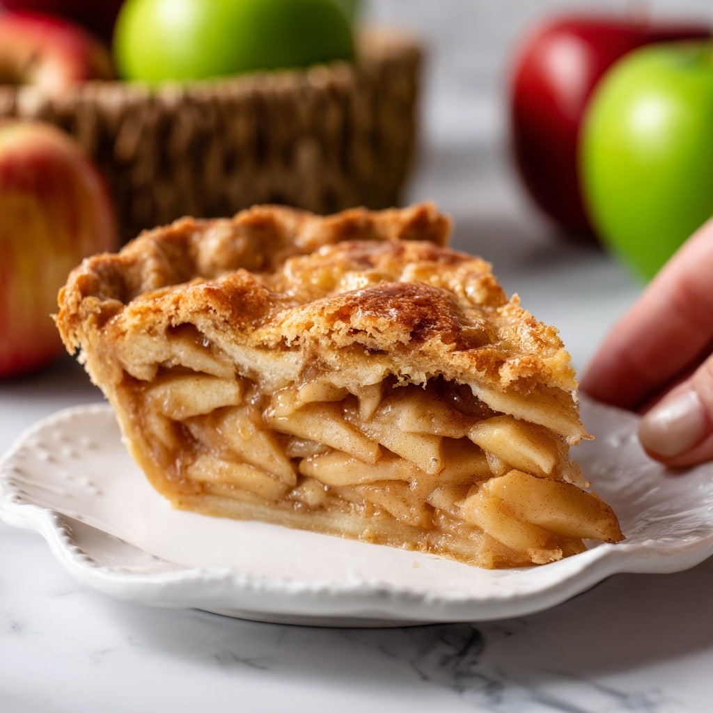 A slice of apple pie is shown on a white scalloped plate with a thick, golden-brown crust on top that looks lightly toasted and flaky. Inside, there are many thin, soft, light tan apple slices tightly packed in several layers, creating a textured look. The pie slice's bottom crust is slightly darker golden and firm, holding the filling. In the background, there are bright green and red apples and a woven basket, all placed on a white marbled surface. A woman's hand is just touching the edge of the plate. photo taken with an iphone --1:1