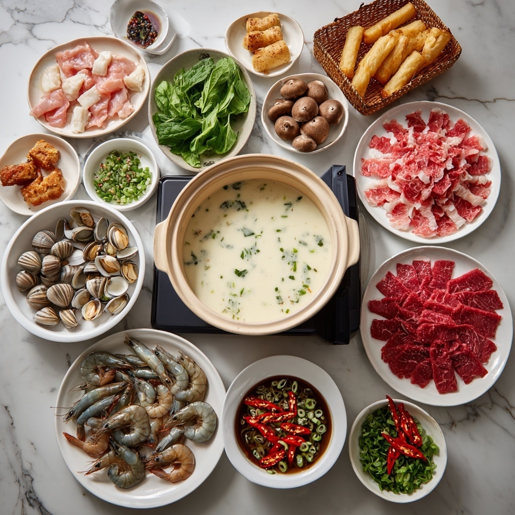 A large light brown pot filled with a milky white broth sits in the center on a black stove. Around it, there are many white bowls and plates arranged evenly: top left has raw pink chicken pieces and fresh green spinach leaves next to it; two plates of thin, pink raw fish slices are on the left and right sides of the pot; a bowl of raw brown mushrooms is next to the right fish plate; a white plate full of bright red raw beef slices is placed to the right; raw clams with striped shells are near the bottom right; a white plate with large gray shrimp is at the bottom left; next to shrimp are two small white bowls, one with sliced green onions and the other with sliced red chilies; next to that is a clear bowl with dark soy sauce mixed with sliced garlic, herbs, and red chili; near the bottom center is a white bowl with light green sliced vegetables, and on the top center is a small metal bowl with chopped green herbs and a basket with golden fried tofu sticks. The table has a white marbled texture photo taken with an iphone --1:1