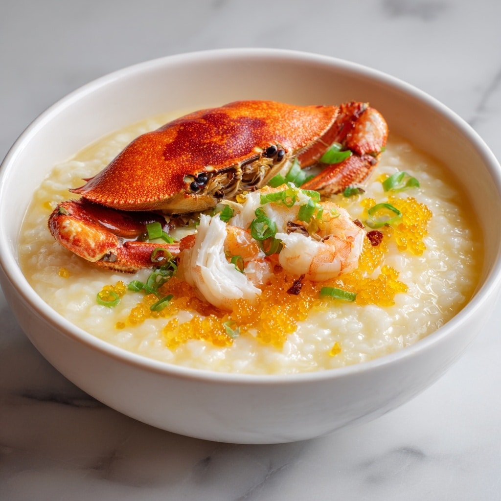 A white bowl filled with creamy light yellow rice porridge layered as the base, with a bright orange crab shell placed on top slightly to one side. Below the crab shell, a whole shrimp with its head, eyes, and antennae visible rests partially submerged. To the side, pieces of white crab meat with yellow roe are visible, blending into the thick porridge. Small green bits of chopped scallions float on the surface. The bowl is on a white marbled surface. Photo taken with an iphone --1:1