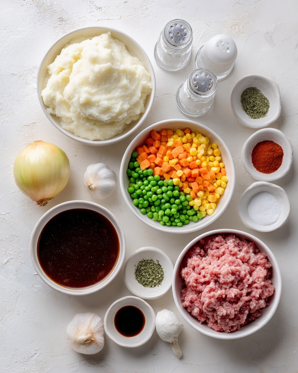 The image shows a flat white marbled surface with four white bowls arranged in a square. The top left bowl contains soft, white mashed potatoes with a smooth texture. The top right bowl holds a colorful mix of cooked vegetables, including green peas, orange carrots, and yellow corn. The bottom left bowl is filled with dark brown sauce that looks thick and shiny. The bottom right bowl contains raw ground meat, with a rough, pink texture. Around the bowls, there are other ingredients: a whole yellow onion, a bulb of garlic, two small white bowls—one with salt and the other with a red powder—plus a small bowl of dark soy sauce and a small bowl of green dried herbs. Two clear salt and pepper shakers stand near the top center. The overall arrangement is neat and clean. photo taken with an iphone --ar 4:5 --v 7