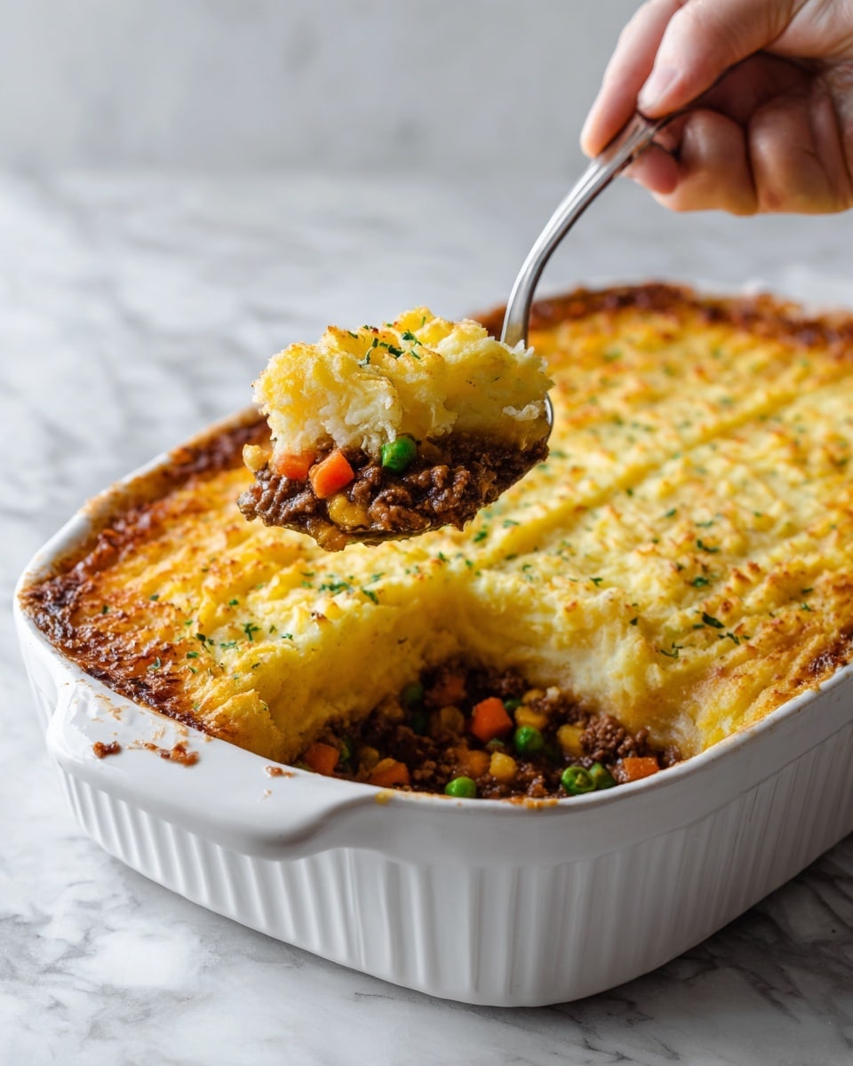 The image shows a white ceramic baking dish filled with a shepherd’s pie. The dish has a thick layer of golden-brown mashed potatoes on top, with a slightly crispy, textured surface from baking. Below the potato layer, there is a dark brown, moist ground meat filling mixed with small pieces of orange carrots and green peas. A woman’s hand with a silver spoon is lifting a portion out, revealing the layers clearly. The dish is placed on a white marbled surface. Photo taken with an iphone --ar 4:5 --v 7
