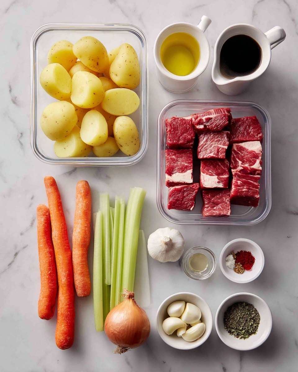 The image shows ingredients arranged neatly on a white marbled surface. At the top left, there is a clear container filled with peeled and quartered yellow potatoes. Below it, there is another clear container filled with thick cubes of red beef with white fat marbling. To the right of the potatoes, there is a red carton of beef stock standing upright. Below the containers, three whole orange carrots lay horizontally next to three green celery sticks and one brown shallot. On the bottom right, there are several small white bowls with different ingredients: peeled garlic cloves, dried herbs, black and white pepper, a bowl with a red paste, a small bowl of olive oil, and two measuring cups filled with dark and light liquids. All items are placed on the white marbled textured surface in an organized, clean manner. Photo taken with an iphone --ar 4:5 --v 7