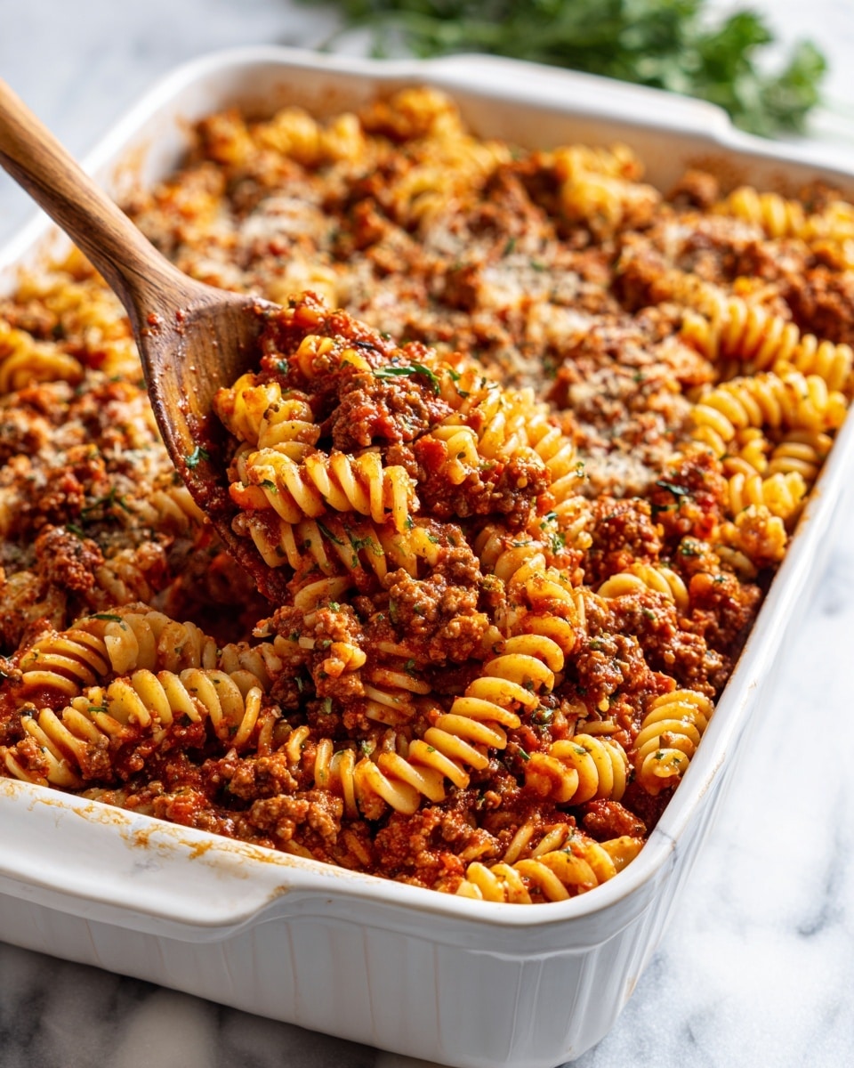 A white rectangular baking dish filled with cooked rotini pasta mixed with ground meat and covered in a red tomato sauce. The pasta is soft with a slightly oily texture, and the sauce is thick with visible bits of meat and herbs sprinkled on top. A wooden spoon is scooping some pasta from the top left side of the dish. The dish is placed on a white marbled surface with some green herbs blurred in the background. Photo taken with an iphone --ar 4:5 --v 7